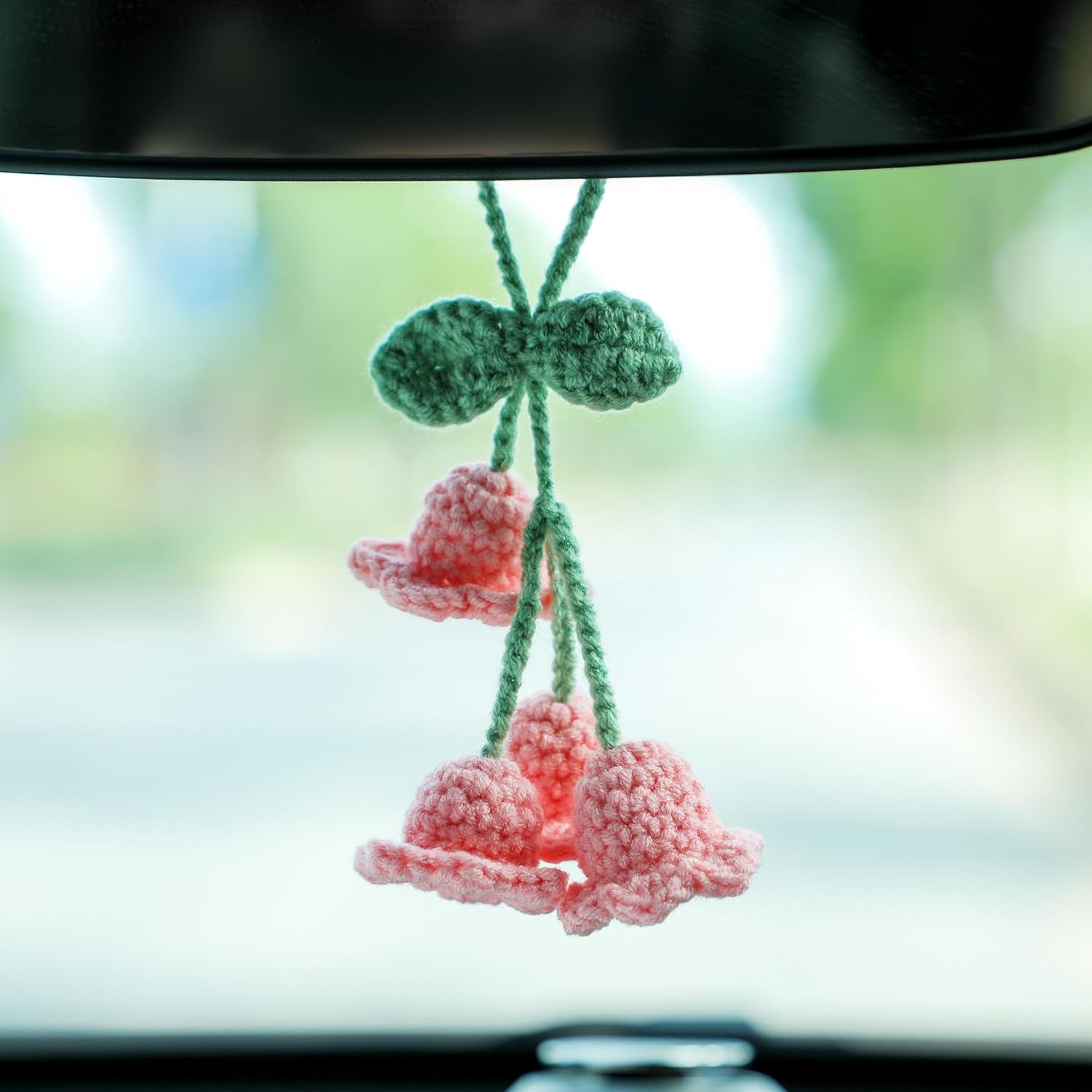 Lily Flower Hand Knitted Car Mirror Suspension Accessories, Rearview Mirror Accessories Car Decoration for Men and Women（Pink） - Image 1
