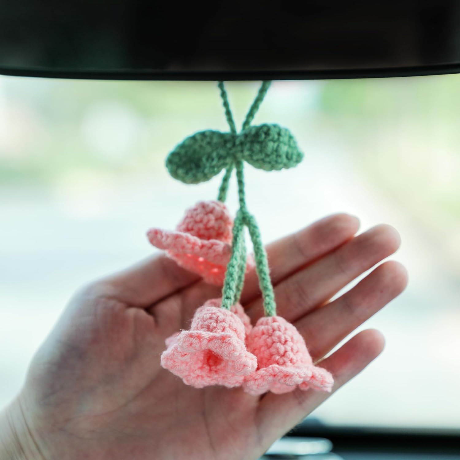 Lily Flower Hand Knitted Car Mirror Suspension Accessories, Rearview Mirror Accessories Car Decoration for Men and Women（Pink） - Image 4
