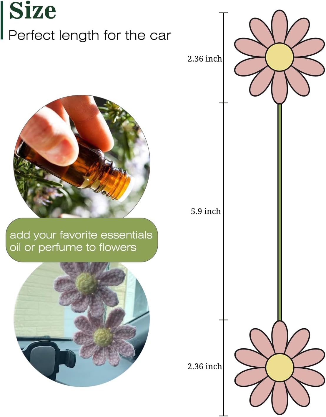 Women's Crochet Daisies Car Accessories Cute Rearview Mirror Pendants Handmade Daisy Flower Gifts Crochet Lovers Car Decoration Car Interior Aesthetics (Pink) - Image 2