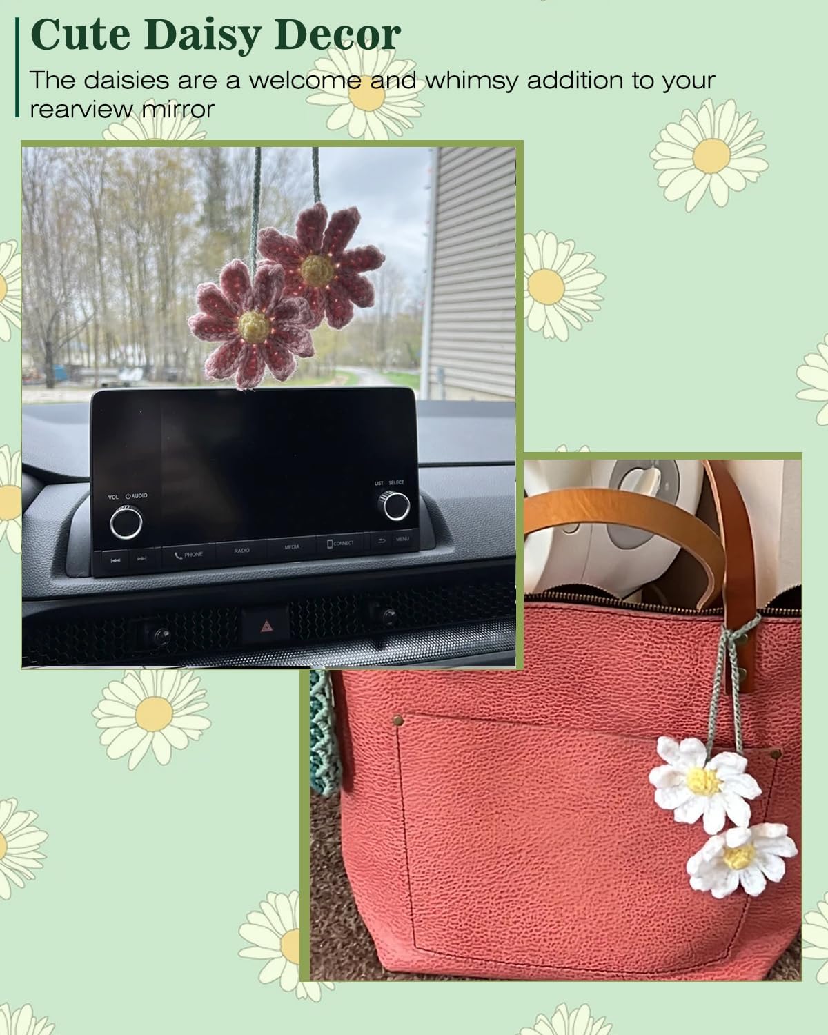 Women's Crochet Daisies Car Accessories Cute Rearview Mirror Pendants Handmade Daisy Flower Gifts Crochet Lovers Car Decoration Car Interior Aesthetics (Pink) - Image 3