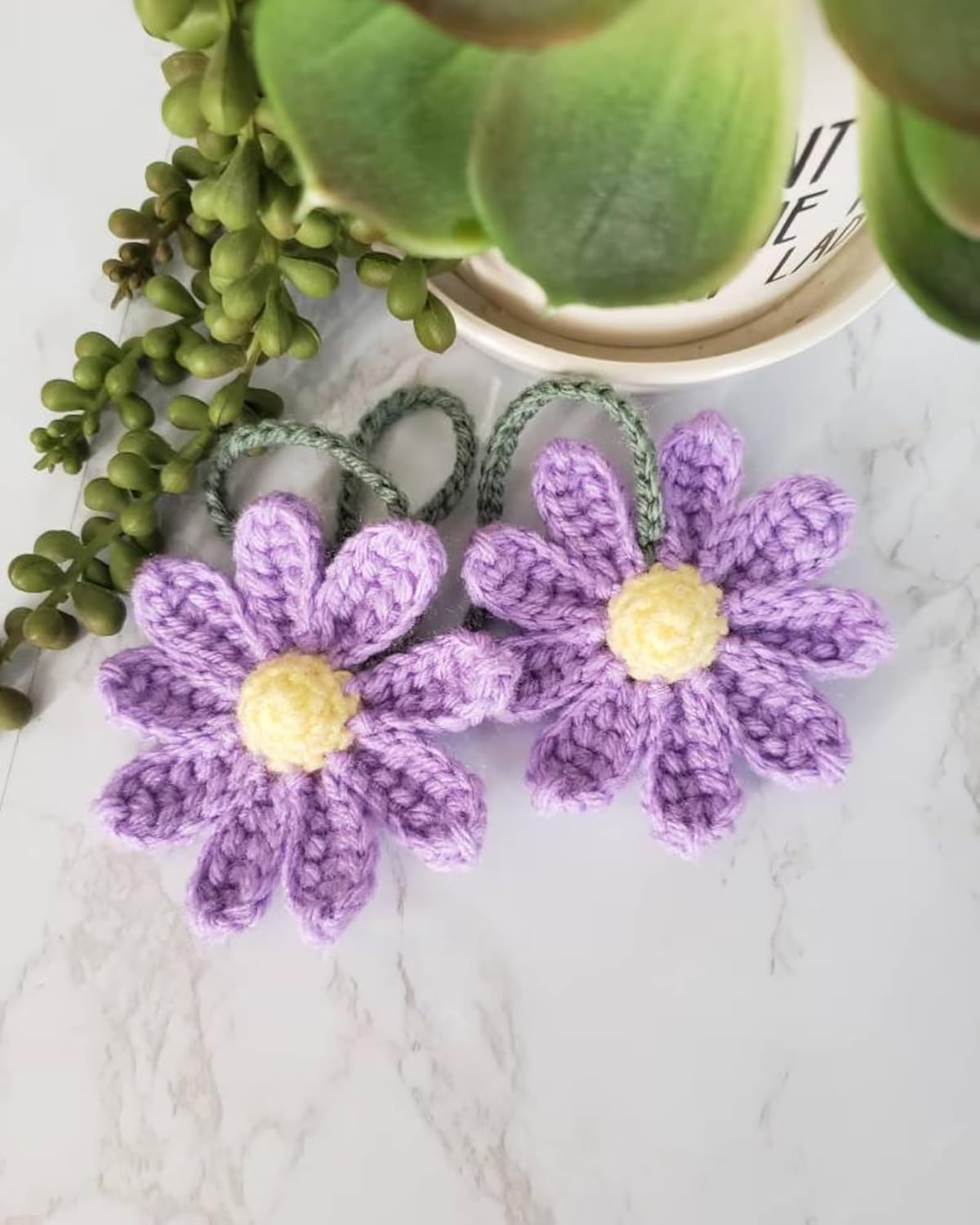 Crochet Daisy Auto Parts Women Cute Rearview Mirror Charm Crafted Daisy Flower Gift Crochet Lovers Car Decoration Car Interior Aesthetics (Purple) - Image 2