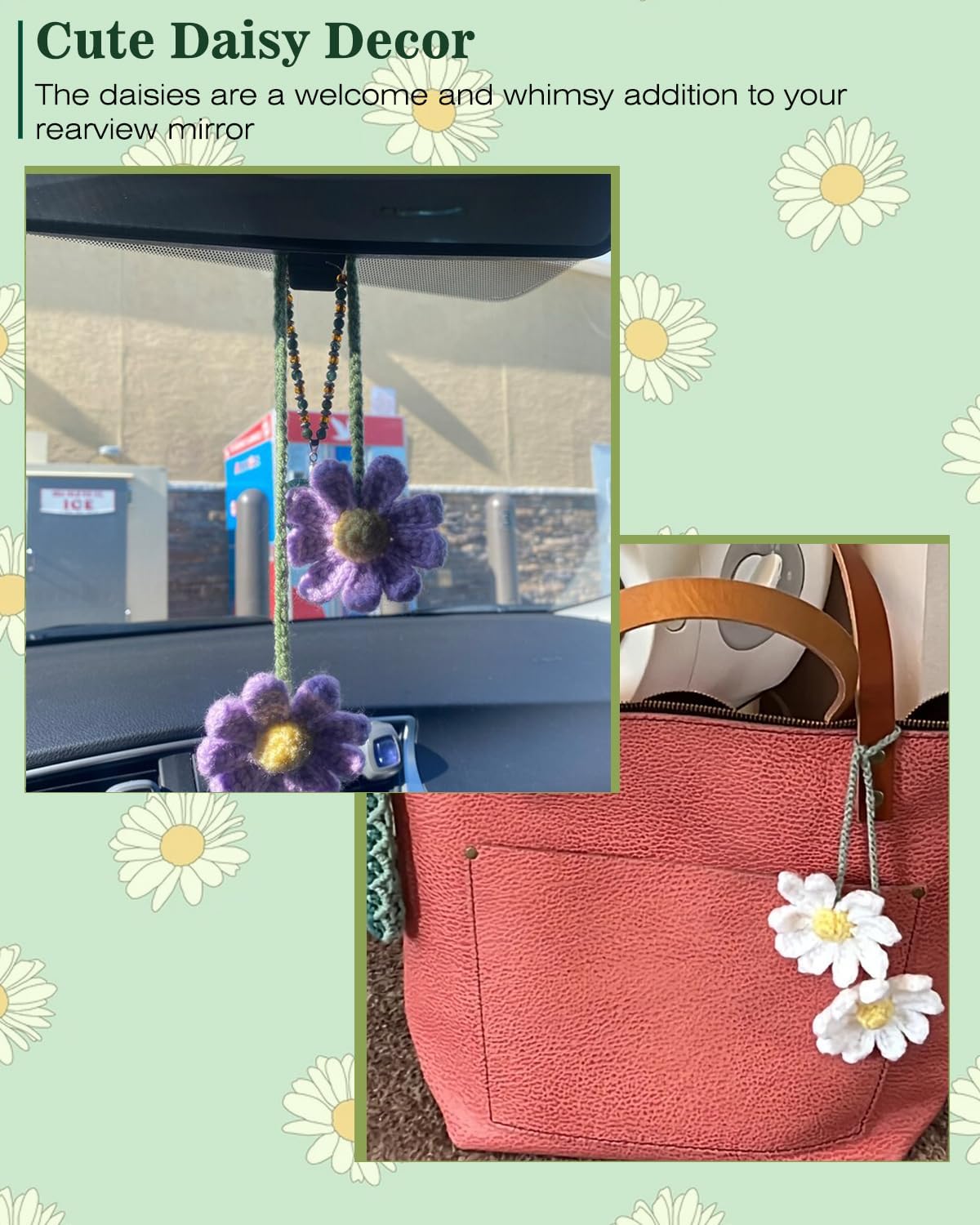 Crochet Daisy Auto Parts Women Cute Rearview Mirror Charm Crafted Daisy Flower Gift Crochet Lovers Car Decoration Car Interior Aesthetics (Purple) - Image 4