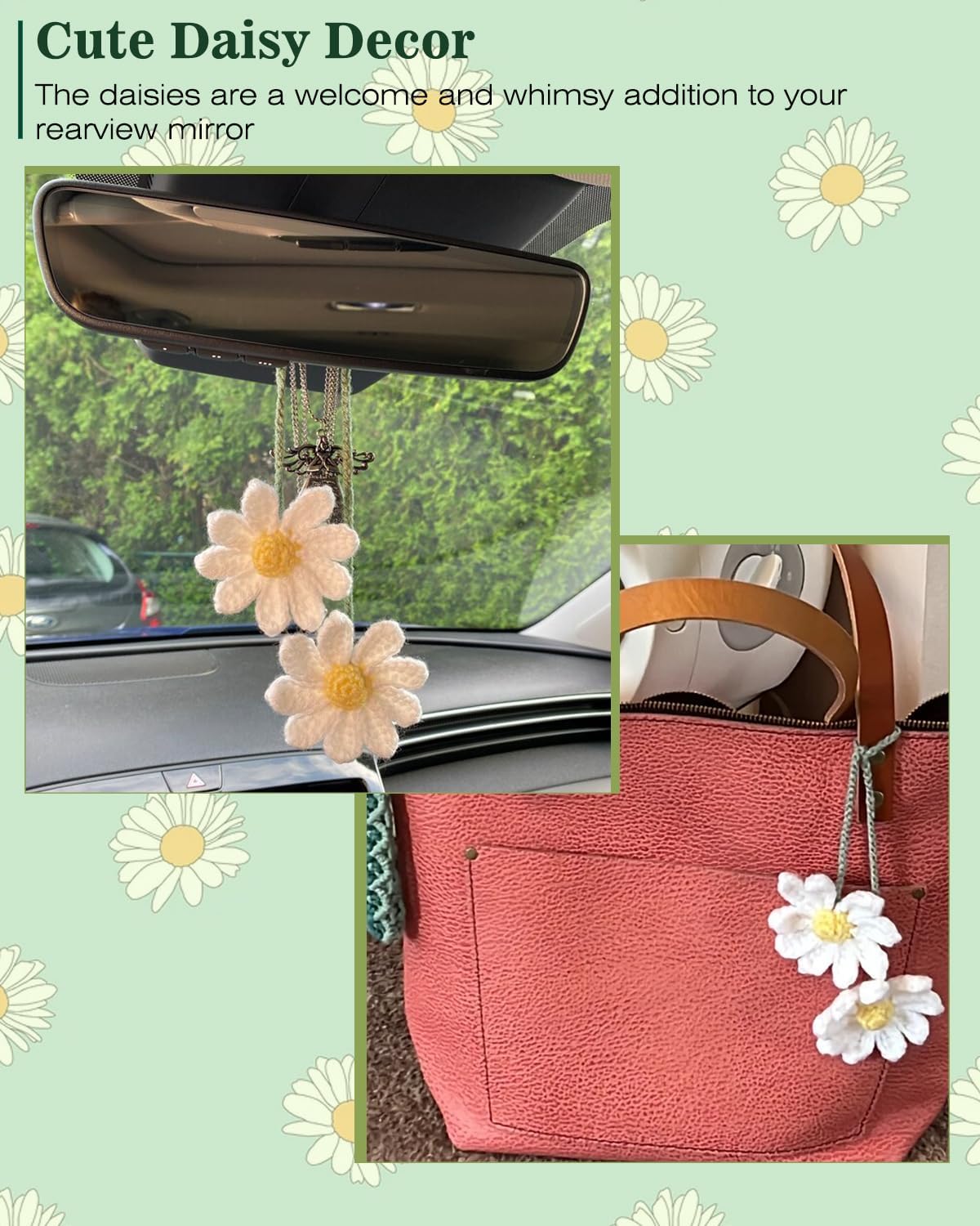 Crochet Daisy Auto Accessories Women Cute Rearview Mirror Charm Crafted Daisy Flower Gift Crochet Enthusiast Car Decoration Car Interior Aesthetics (White) - Image 4