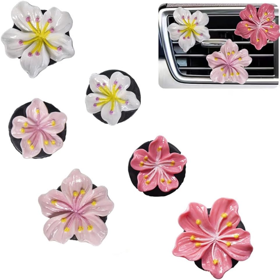 Cute Car Air Freshener Vent Clamp 6 Pcs, Flower Vent Clamp Pink Auto Accessories Interior Aesthetics Ladies Car Air Conditioner Vent Decoration - Image 1