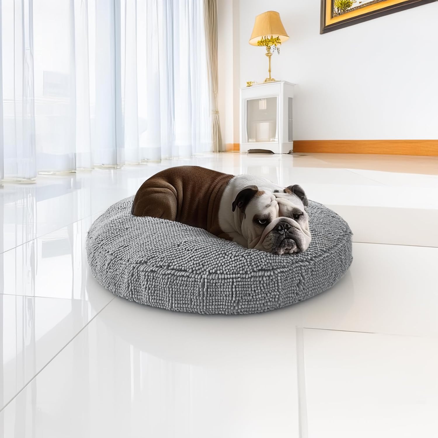 Puppy & Cat Dog Bed, Soft & Relaxing Round Dog Bed, Chenille Material, Removable Cover, Washable & Tumble Dry - Grey Small (25'x25') - Image 1