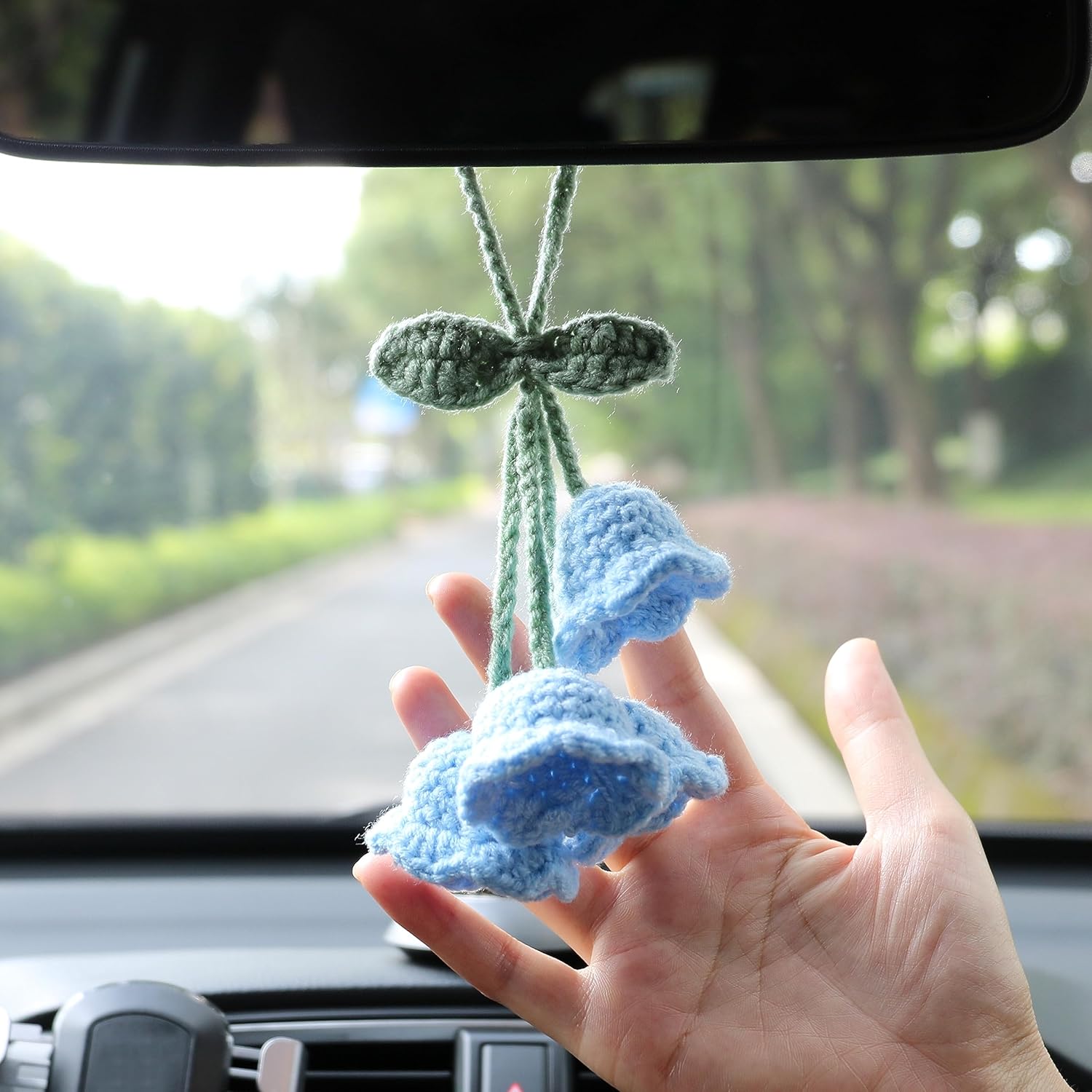 Lily Flower Hand Knitted Car Mirror Suspension Accessories, Rearview Mirror Accessories Car Decoration for Men and Women（Blue） - Image 1