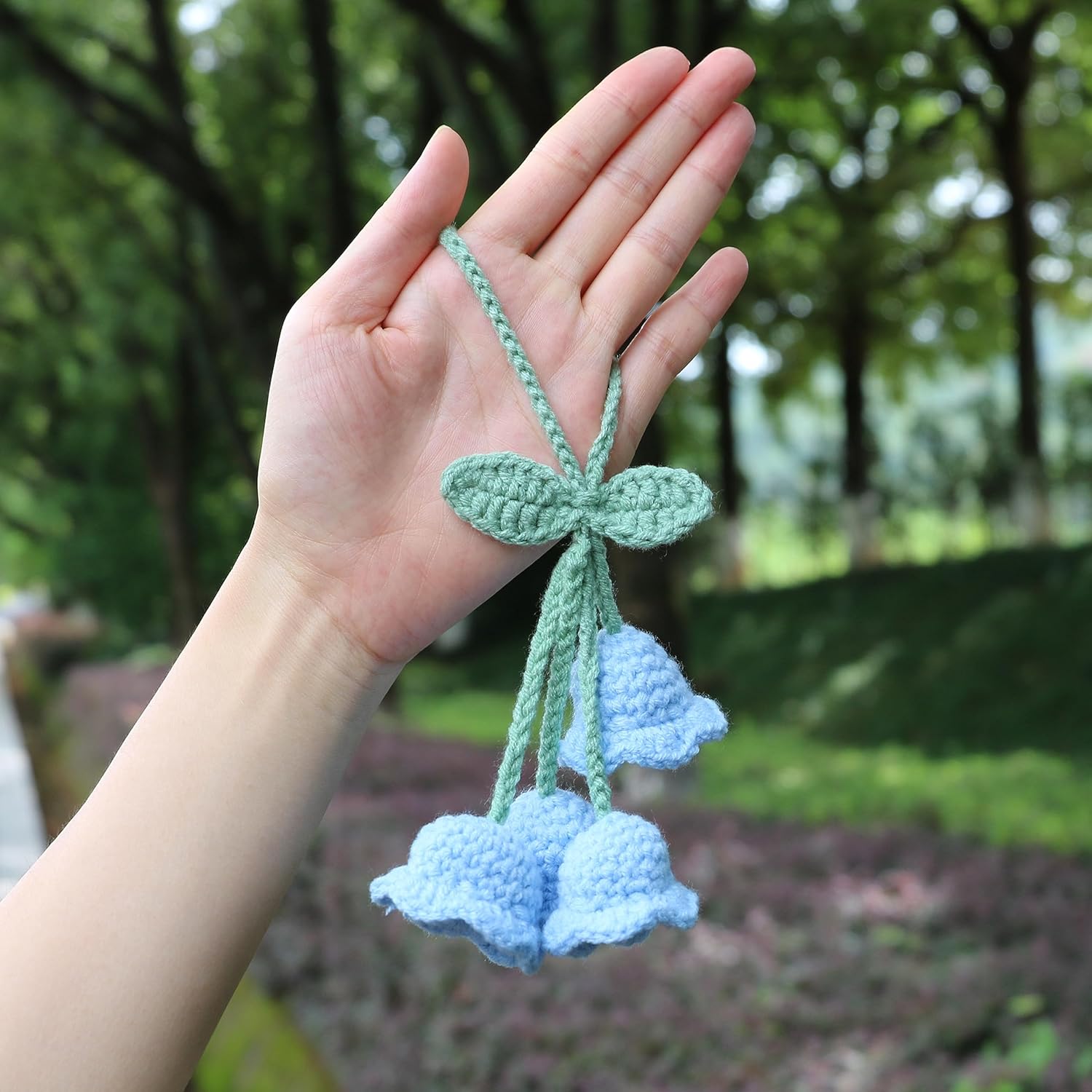 Lily Flower Hand Knitted Car Mirror Suspension Accessories, Rearview Mirror Accessories Car Decoration for Men and Women（Blue） - Image 2