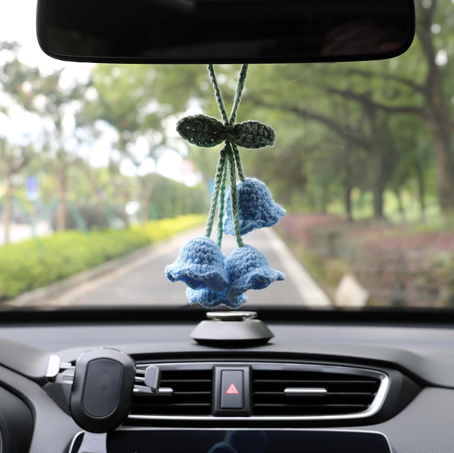 Lily Flower Hand Knitted Car Mirror Suspension Accessories, Rearview Mirror Accessories Car Decoration for Men and Women（Blue） - Image 3