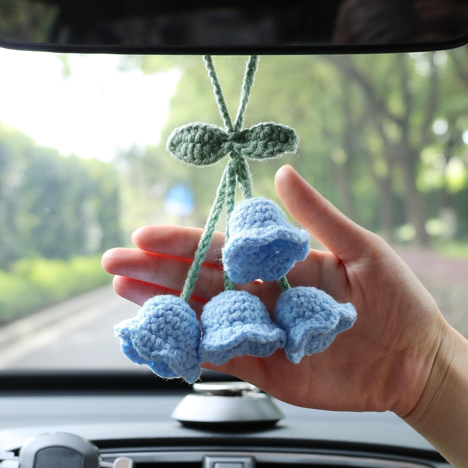 Lily Flower Hand Knitted Car Mirror Suspension Accessories, Rearview Mirror Accessories Car Decoration for Men and Women（Blue） - Image 4