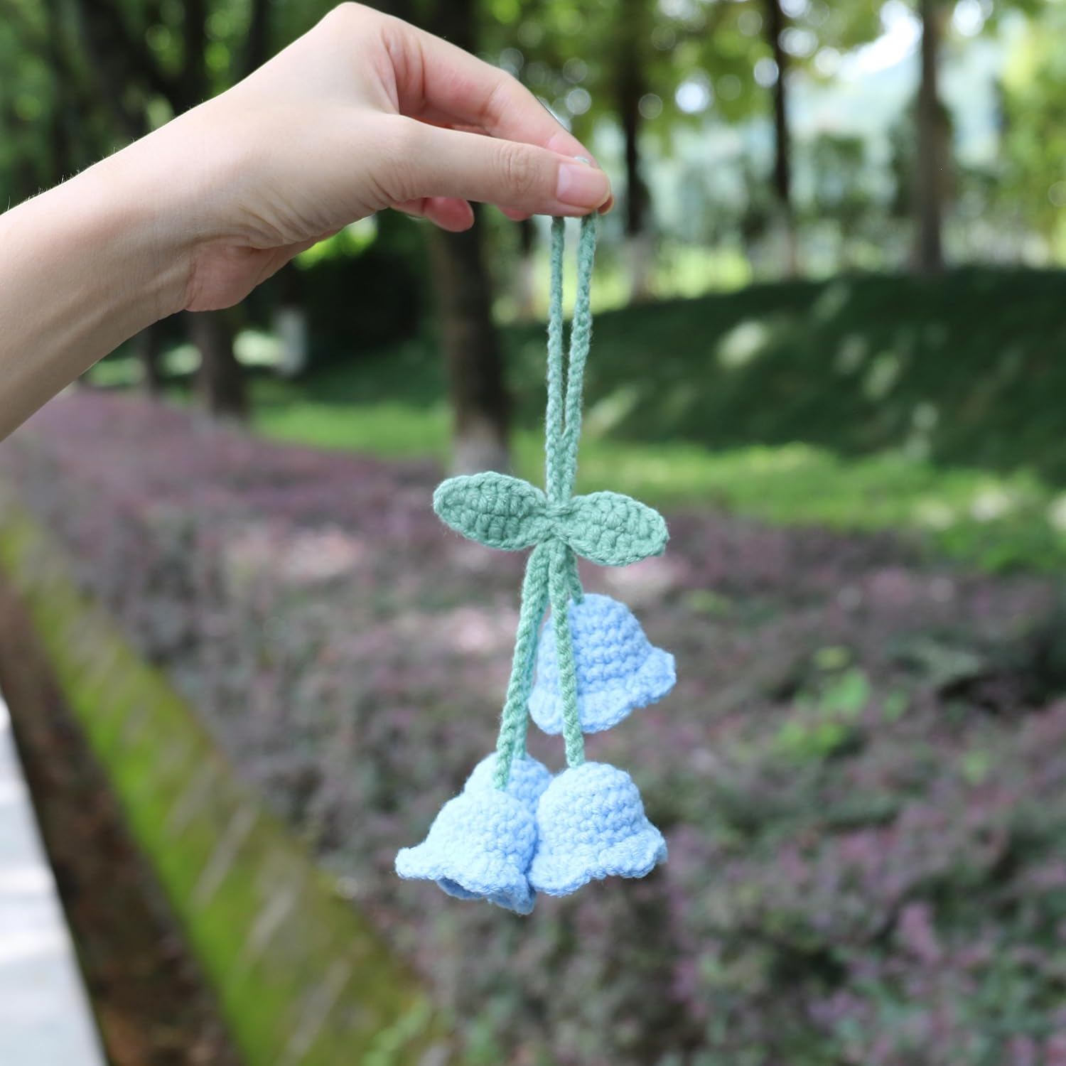 Lily Flower Hand Knitted Car Mirror Suspension Accessories, Rearview Mirror Accessories Car Decoration for Men and Women（Blue） - Image 5