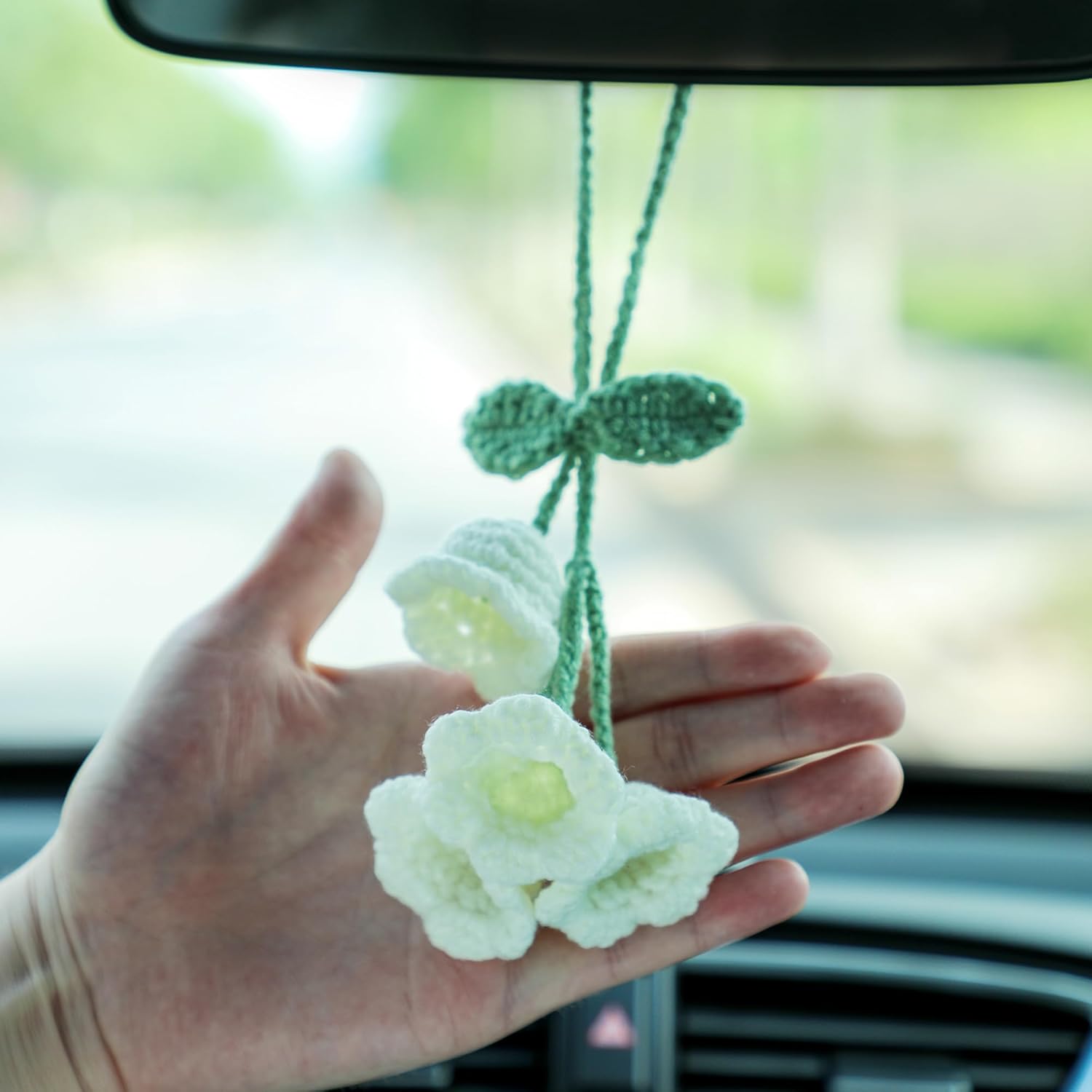 Lily Flower Hand Knitted Car Mirror Suspension Accessories, Rearview Mirror Accessories Car Decoration for Men and Women - Image 4