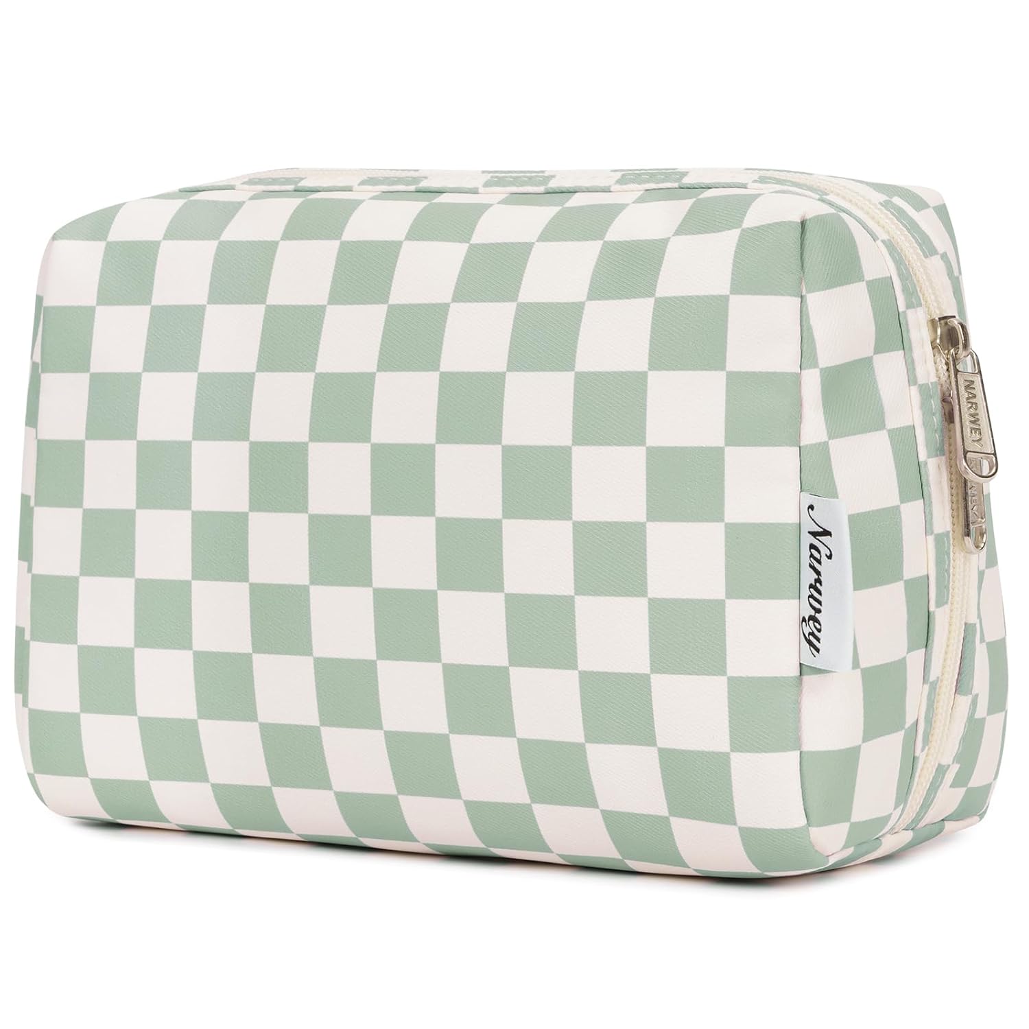 Checkered Makeup Bag Travel Makeup Bag Organizer Bag Makeup Bag Makeup Bag with Compartments for Ladies Girls (Large, Mint Green Checkerboard) - Image 1