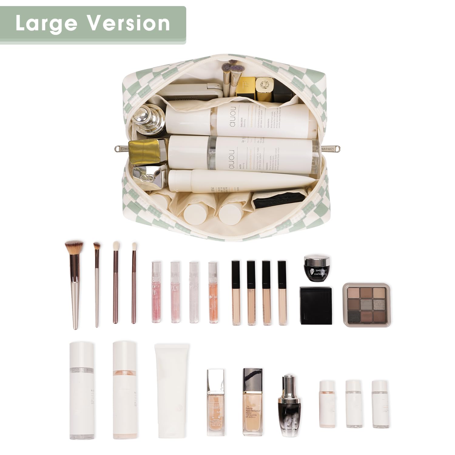 Checkered Makeup Bag Travel Makeup Bag Organizer Bag Makeup Bag Makeup Bag with Compartments for Ladies Girls (Large, Mint Green Checkerboard) - Image 2