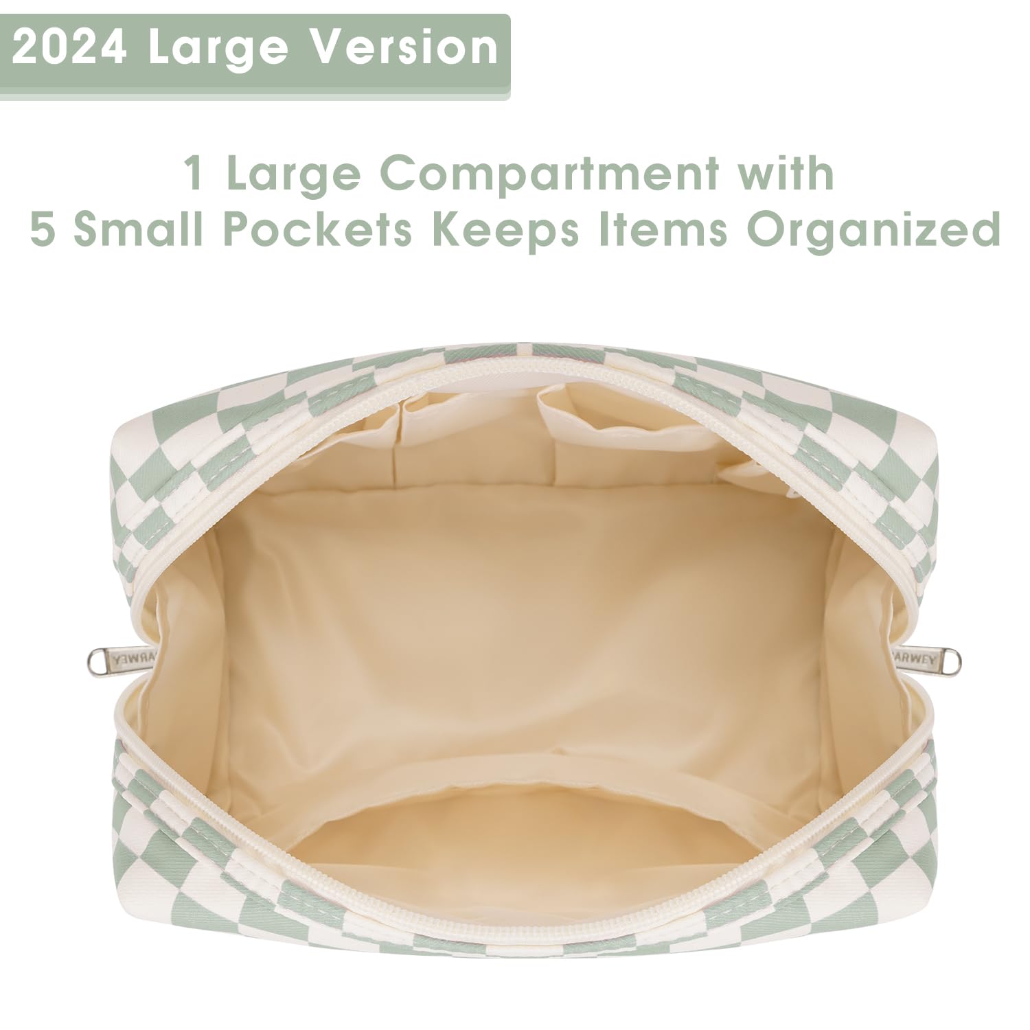 Checkered Makeup Bag Travel Makeup Bag Organizer Bag Makeup Bag Makeup Bag with Compartments for Ladies Girls (Large, Mint Green Checkerboard) - Image 4