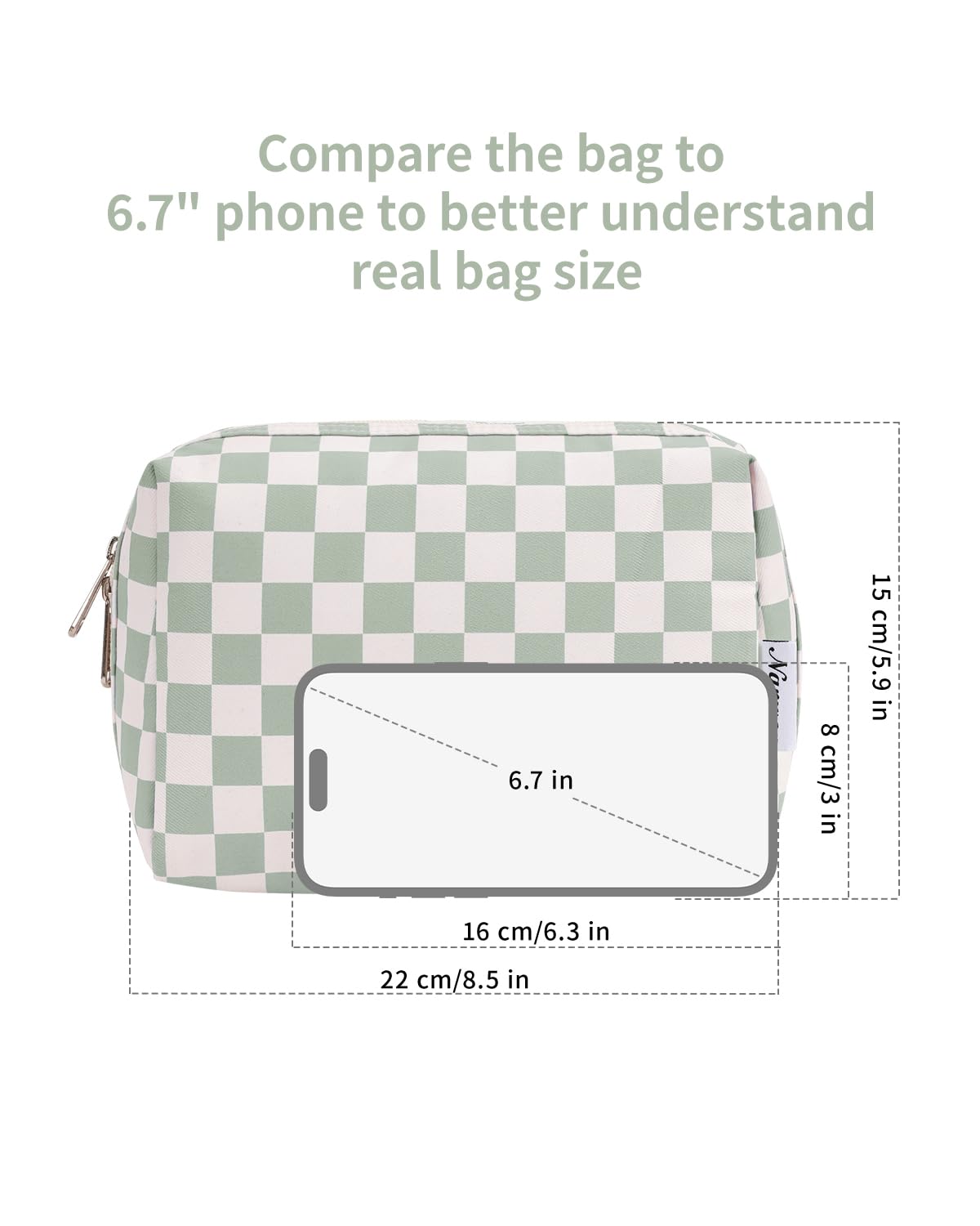 Checkered Makeup Bag Travel Makeup Bag Organizer Bag Makeup Bag Makeup Bag with Compartments for Ladies Girls (Large, Mint Green Checkerboard) - Image 5