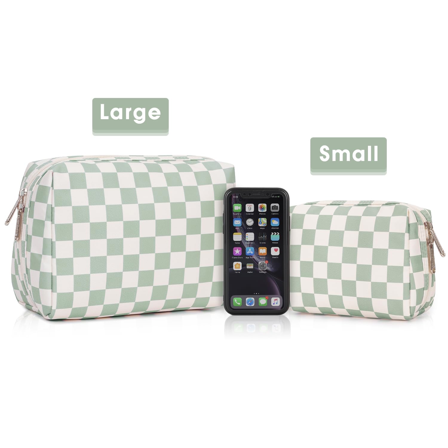 Checkered Makeup Bag Travel Makeup Bag Organizer Bag Makeup Bag Makeup Bag with Compartments for Ladies Girls (Large, Mint Green Checkerboard) - Image 7