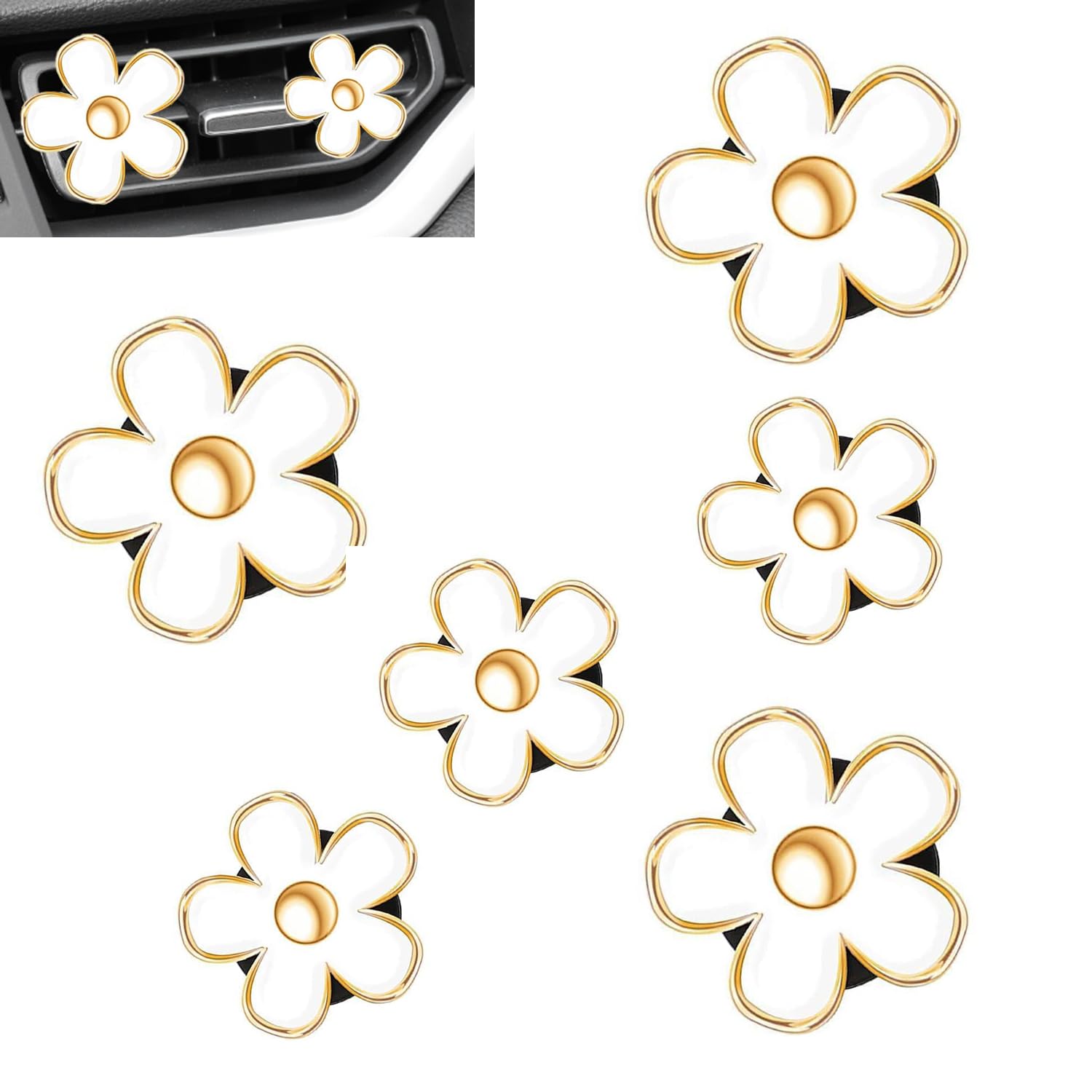 6 PCS Car Air Vent Clips White Daisy Flower Car Air Freshener Clip Air Conditioning Outlet Clip for Car Interior Decoration Accessories (2 Size) - Image 1