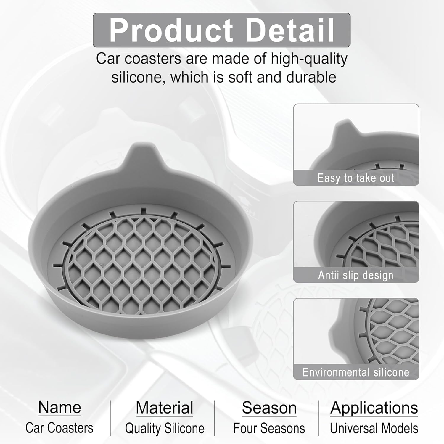 Car Cup Holder Coaster, Silicone Cup Holder Insert, Universal Anti-Slip Cup Holder, Auto Accessories Interior for Men and Women 4 Pack Grey - Image 3