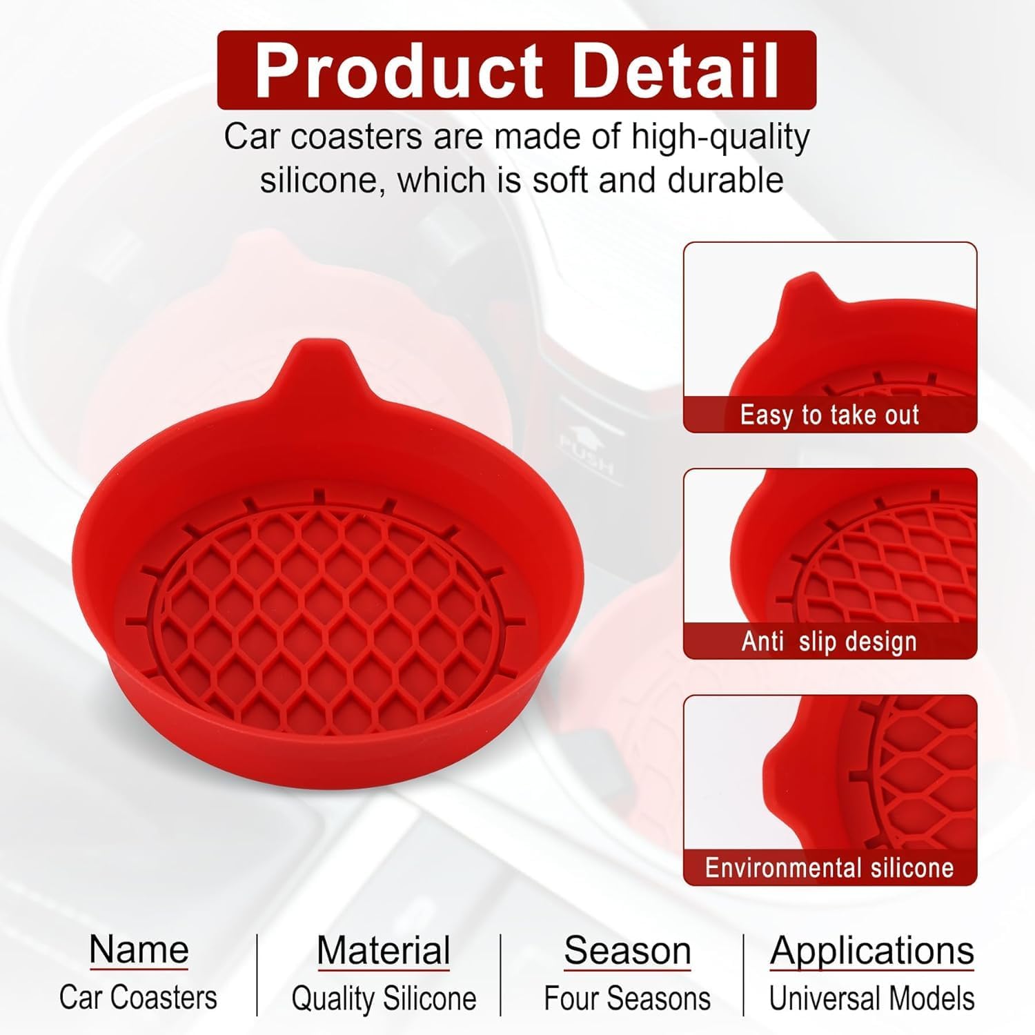 Car Cup Holder Coaster, Silicone Cup Holder Insert, Universal Non-Slip Cup Holder, Auto Accessories Interior for Men and Women 4 Pack Red - Image 3