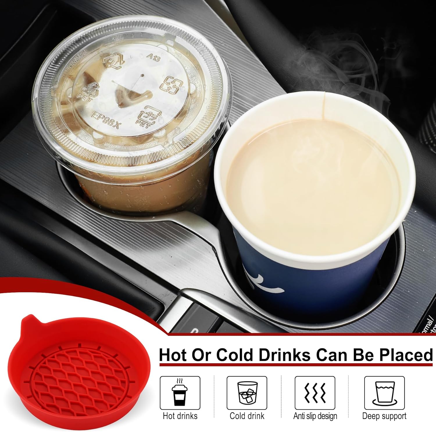 Car Cup Holder Coaster, Silicone Cup Holder Insert, Universal Non-Slip Cup Holder, Auto Accessories Interior for Men and Women 4 Pack Red - Image 5