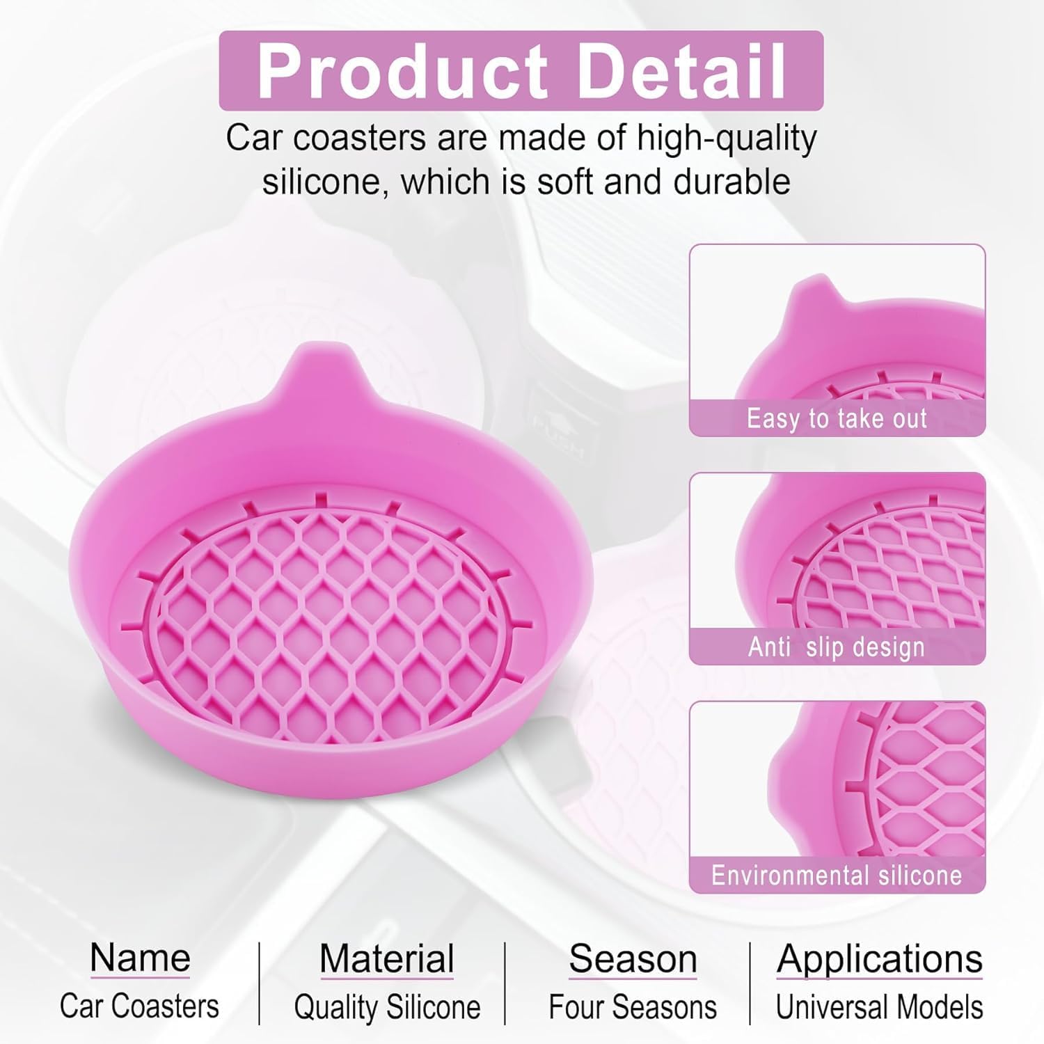 Car Cup Holder Coaster, Silicone Cup Holder Insert, Universal Non-Slip Cup Holder, Auto Accessories Interior for Men and Women 4 Pack Pink - Image 3