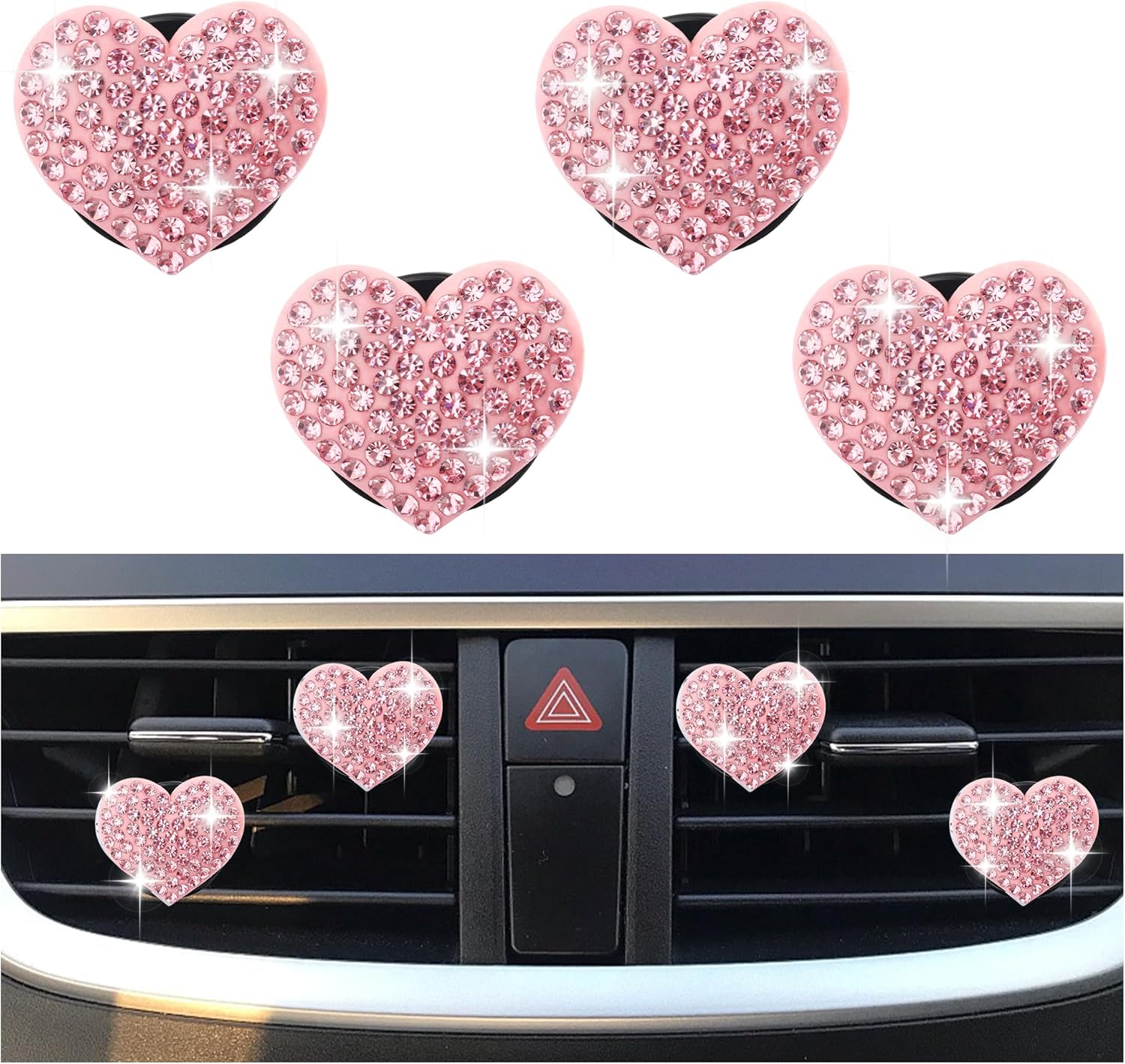4PCS Heart-Shaped Car Vent Clips with Rhinestone,Bling Air Vent Clips Car Decorations,Premium Shiny Car Clips for Vents CCar Accessories Interior for Cars,Trucks,SUVs (Pink) - Image 1