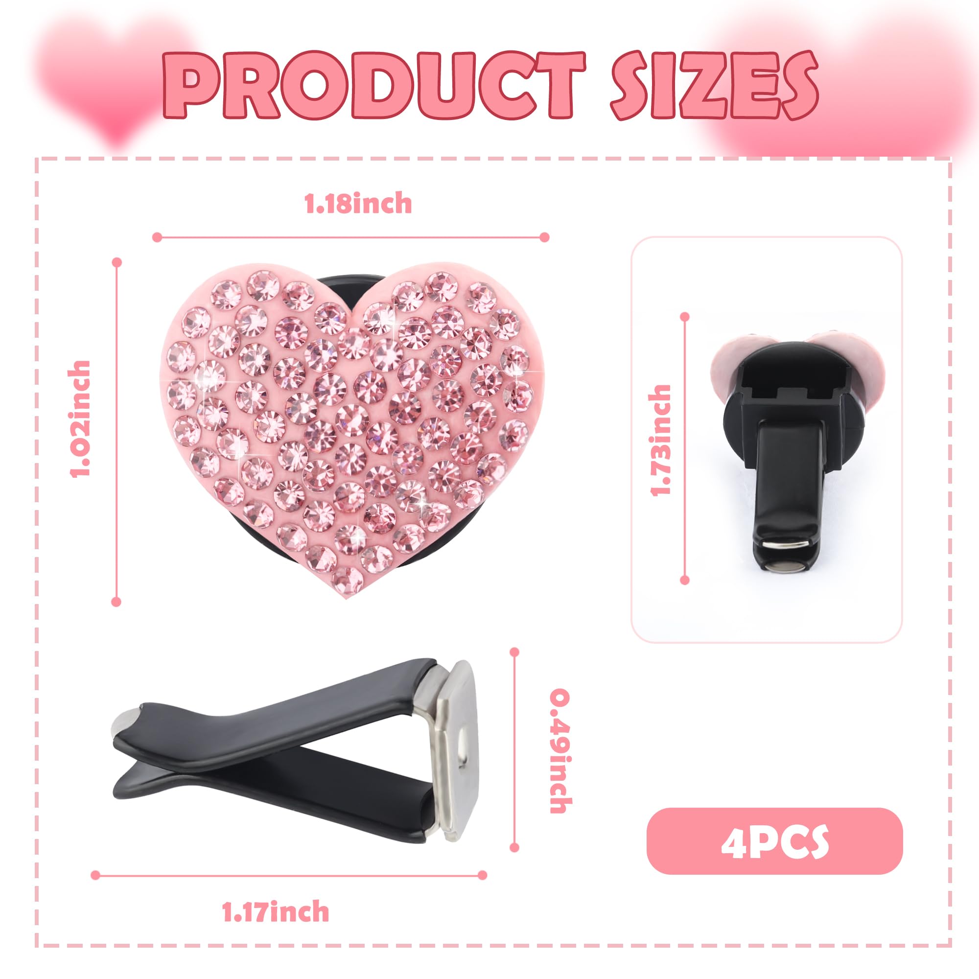 4PCS Heart-Shaped Car Vent Clips with Rhinestone,Bling Air Vent Clips Car Decorations,Premium Shiny Car Clips for Vents CCar Accessories Interior for Cars,Trucks,SUVs (Pink) - Image 2