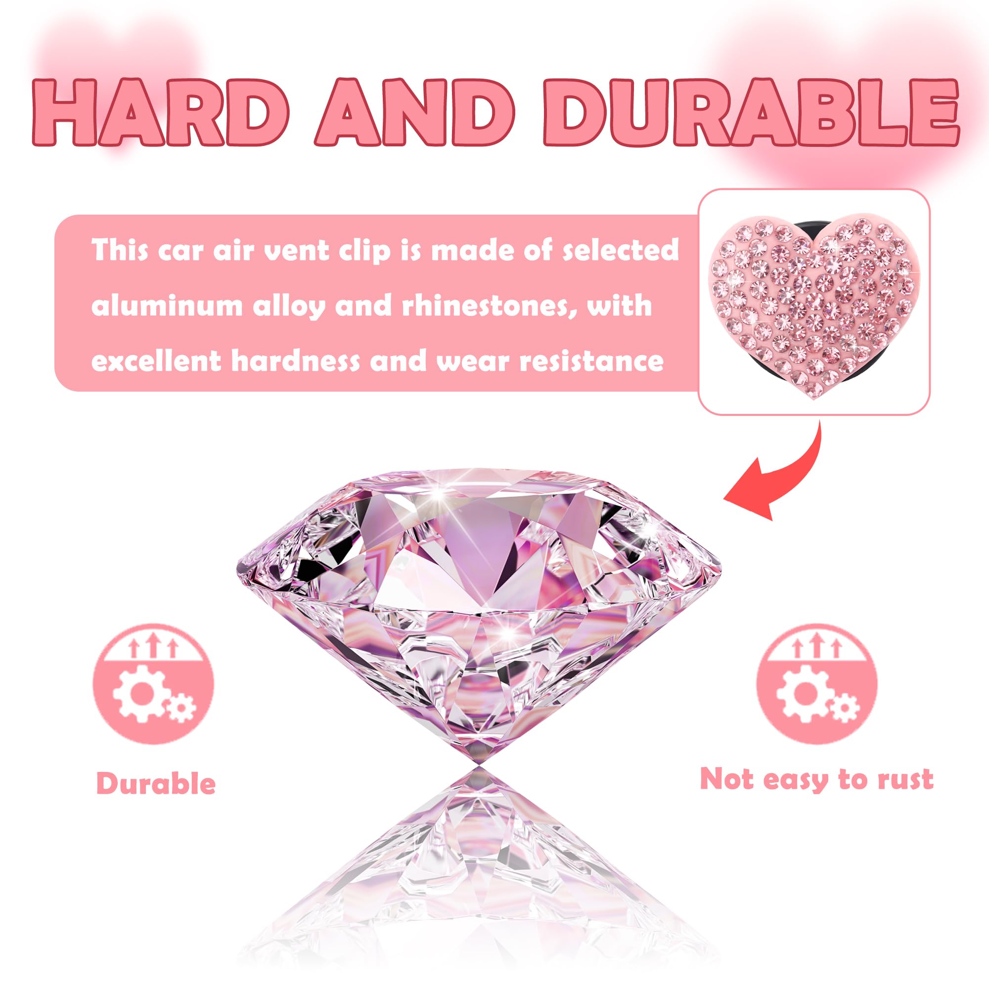 4PCS Heart-Shaped Car Vent Clips with Rhinestone,Bling Air Vent Clips Car Decorations,Premium Shiny Car Clips for Vents CCar Accessories Interior for Cars,Trucks,SUVs (Pink) - Image 3
