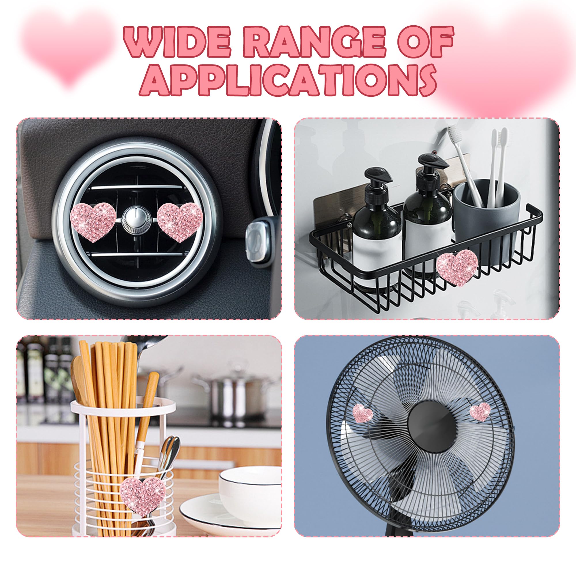4PCS Heart-Shaped Car Vent Clips with Rhinestone,Bling Air Vent Clips Car Decorations,Premium Shiny Car Clips for Vents CCar Accessories Interior for Cars,Trucks,SUVs (Pink) - Image 5