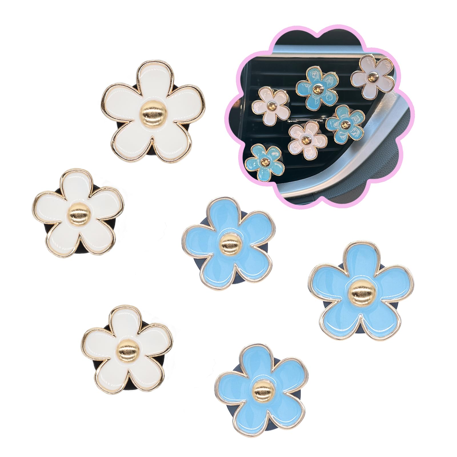 6pcs Flowers Car Air Freshener Vent Clips Blue White Daisy Flowers Air Vent Clip Car Accessories for Women 3.3cm/3cm Refillable Daisy Decor Diffuser - Image 1