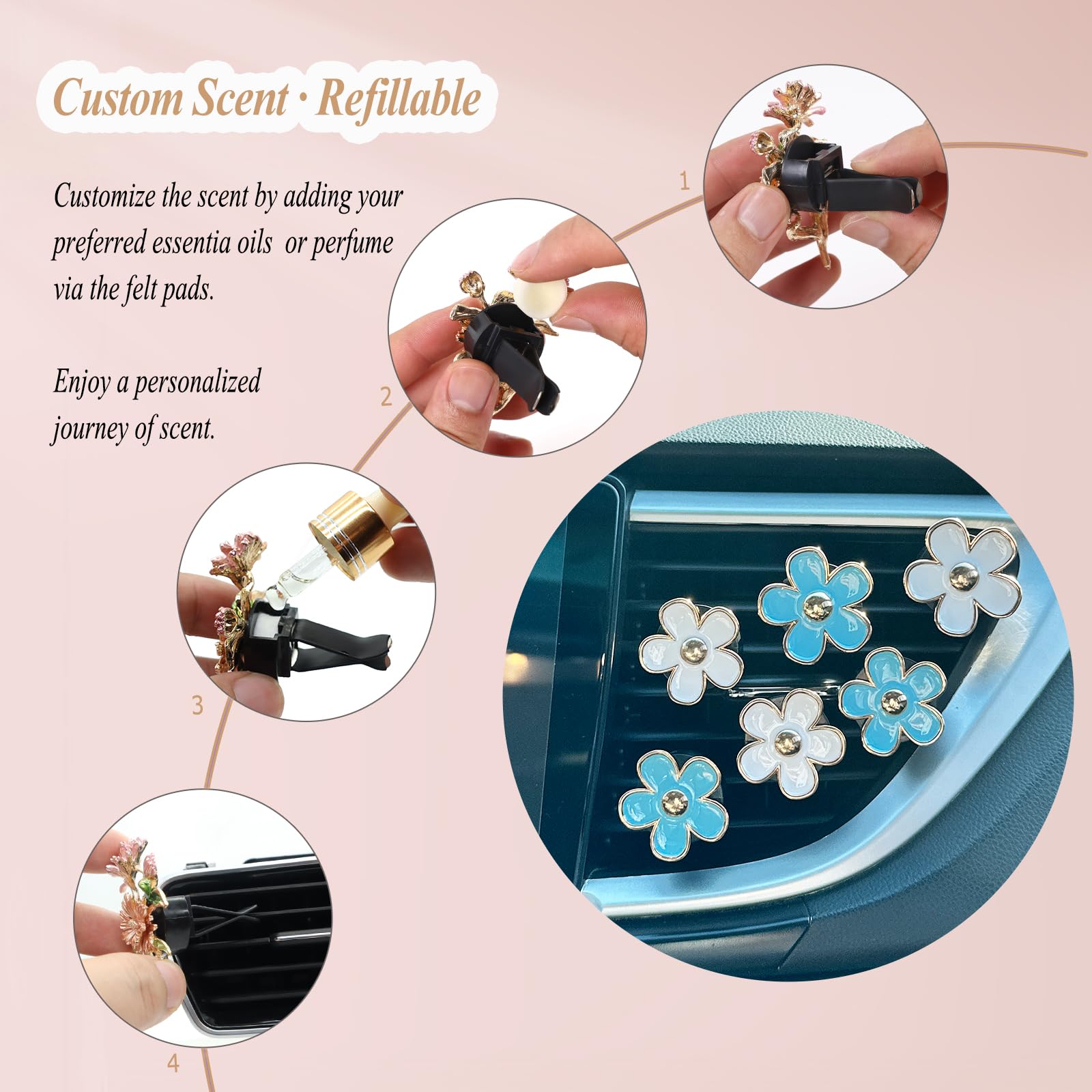 6pcs Flowers Car Air Freshener Vent Clips Blue White Daisy Flowers Air Vent Clip Car Accessories for Women 3.3cm/3cm Refillable Daisy Decor Diffuser - Image 5