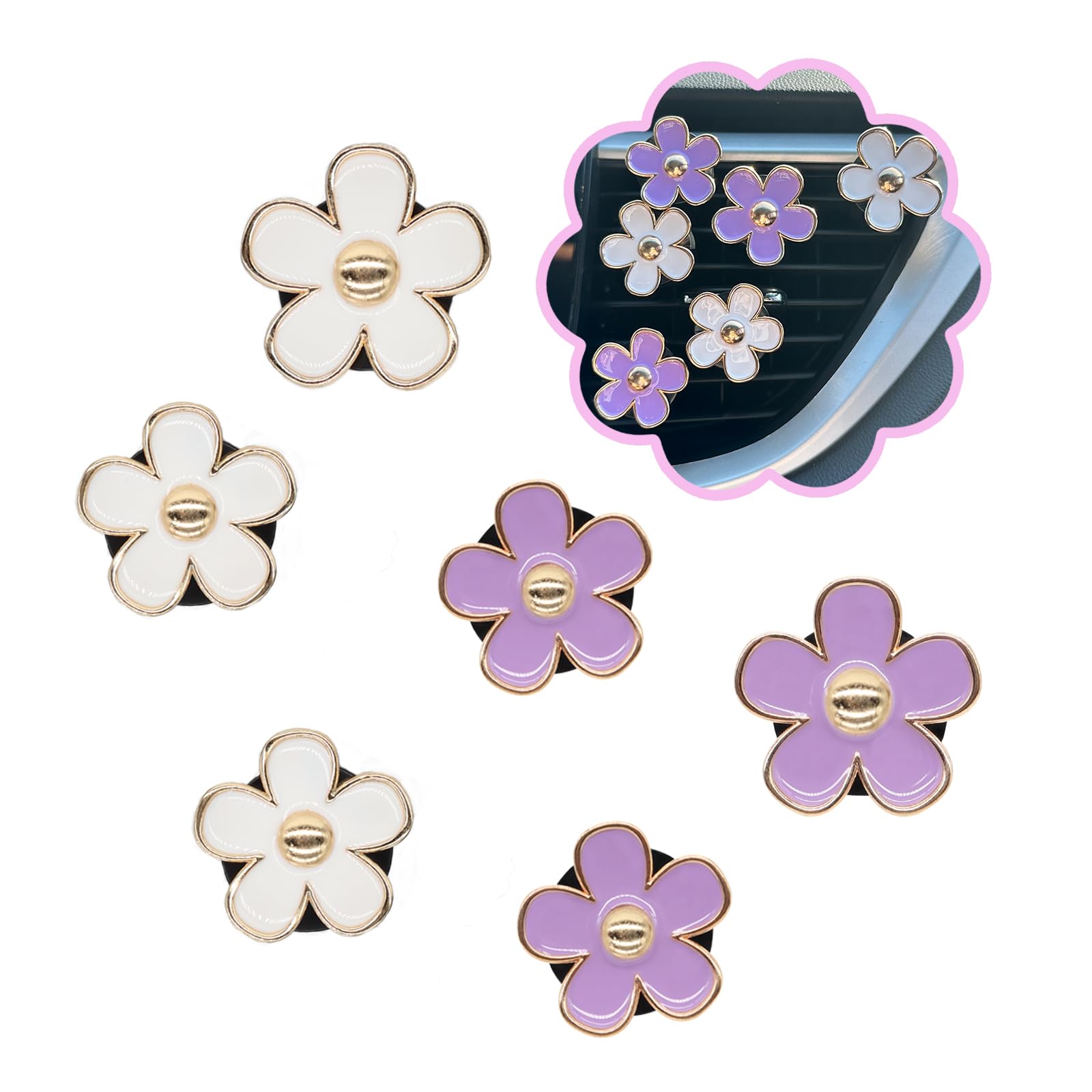 6pcs Flowers Car Air Freshener Vent Clips Purple White Daisy Air Vent Clip Car Accessories for Women 3.3cm/3cm Flower Vehicle Interior Decor Refillable Diffuser - Image 1