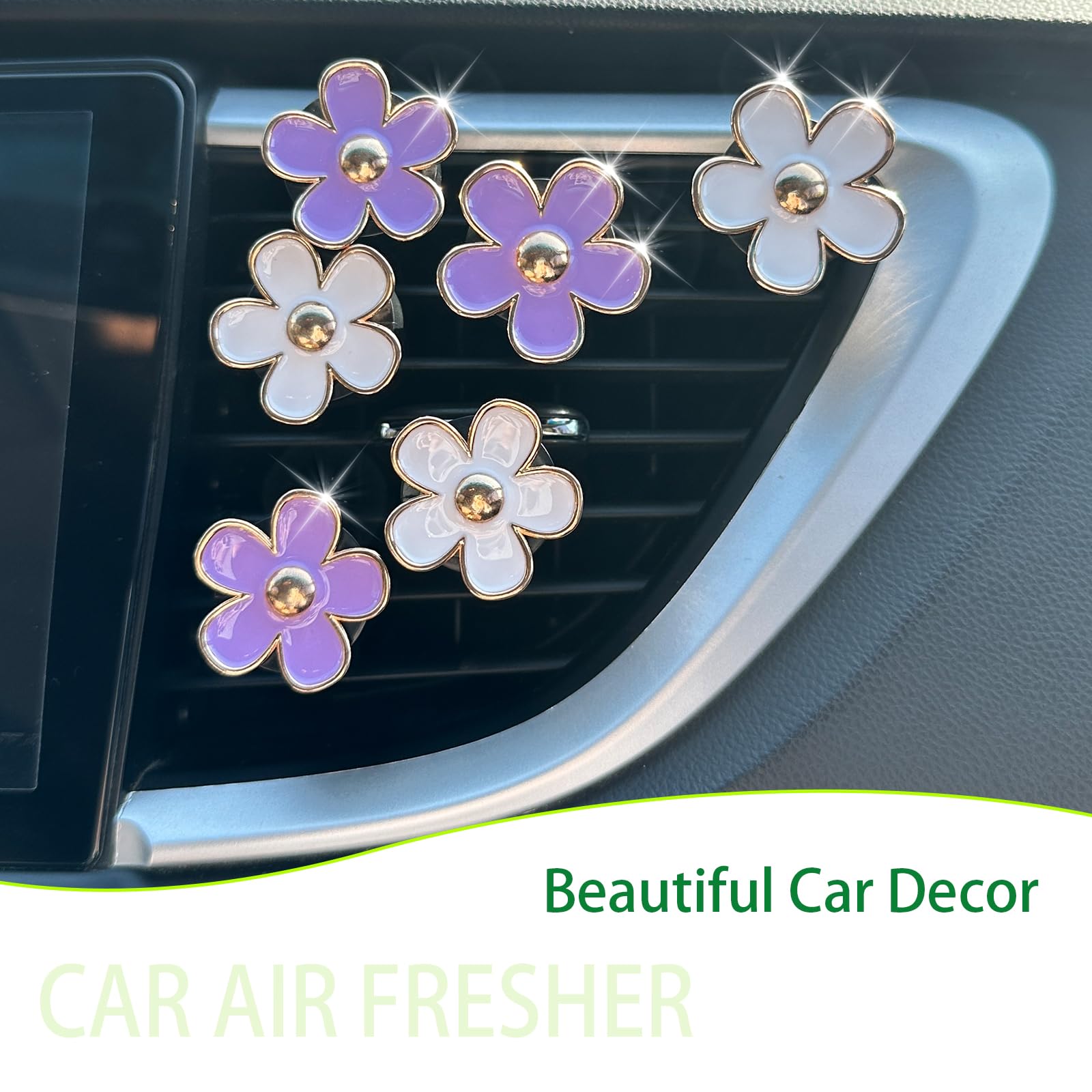 6pcs Flowers Car Air Freshener Vent Clips Purple White Daisy Air Vent Clip Car Accessories for Women 3.3cm/3cm Flower Vehicle Interior Decor Refillable Diffuser - Image 2