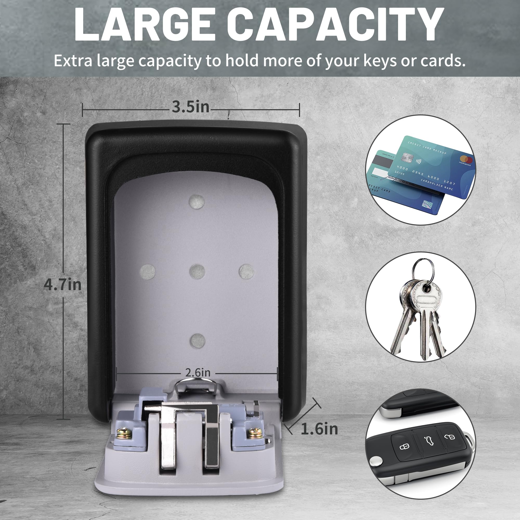 Wall-mounted Key Lock Box, Outdoor 4-Digit Weatherproof Lock Box, Large Capacity Lock Box for 5 Keys, Key Safe Storage Box, Indoor & Outdoor Garage Resettable Combination Lock (Gray) - Image 2