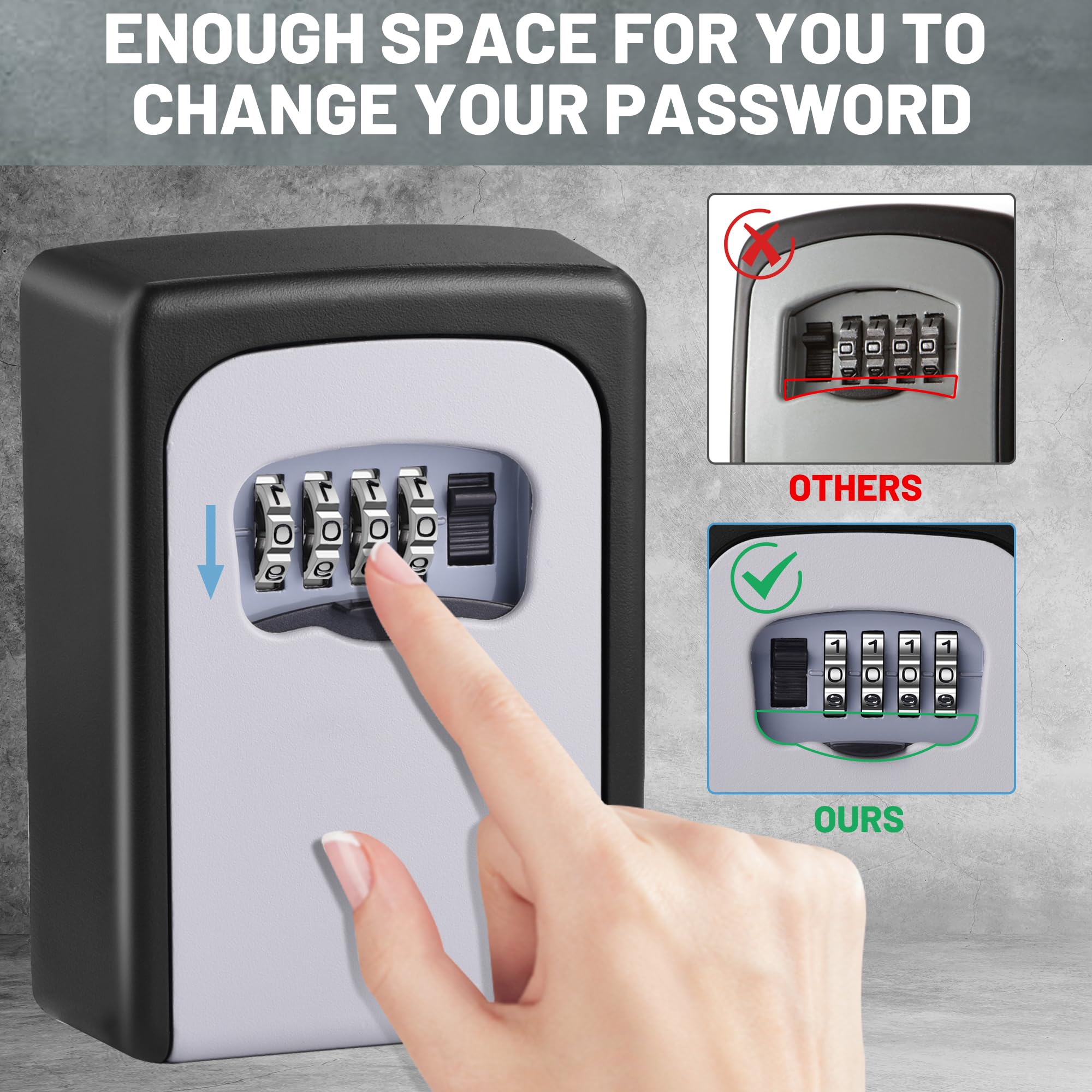 Wall-mounted Key Lock Box, Outdoor 4-Digit Weatherproof Lock Box, Large Capacity Lock Box for 5 Keys, Key Safe Storage Box, Indoor & Outdoor Garage Resettable Combination Lock (Gray) - Image 4