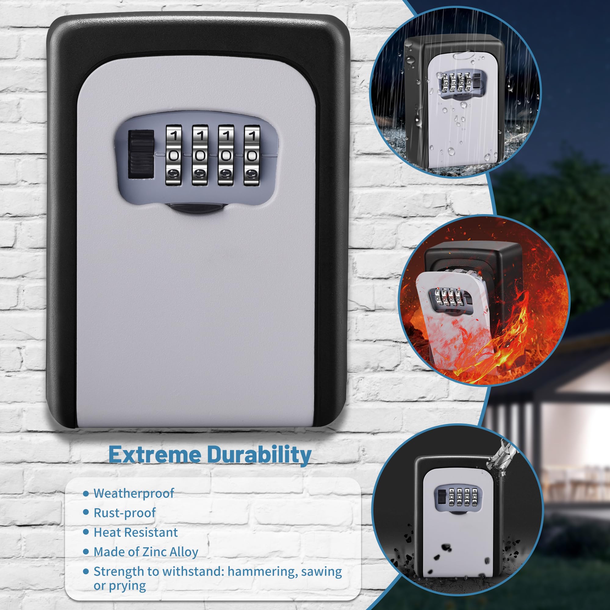 Wall-mounted Key Lock Box, Outdoor 4-Digit Weatherproof Lock Box, Large Capacity Lock Box for 5 Keys, Key Safe Storage Box, Indoor & Outdoor Garage Resettable Combination Lock (Gray) - Image 5