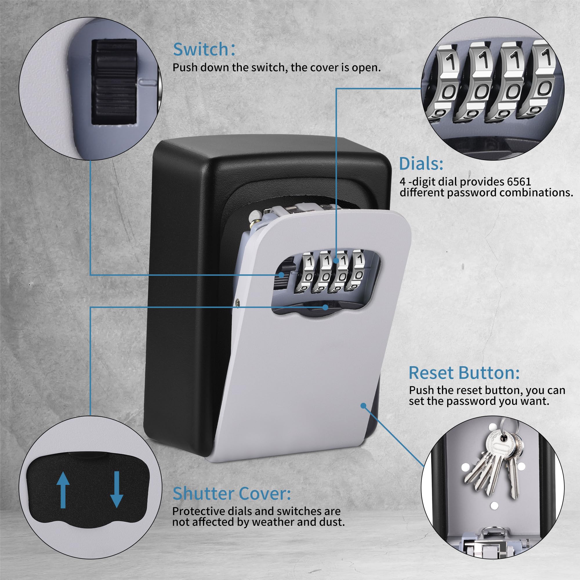 Wall-mounted Key Lock Box, Outdoor 4-Digit Weatherproof Lock Box, Large Capacity Lock Box for 5 Keys, Key Safe Storage Box, Indoor & Outdoor Garage Resettable Combination Lock (Gray) - Image 6