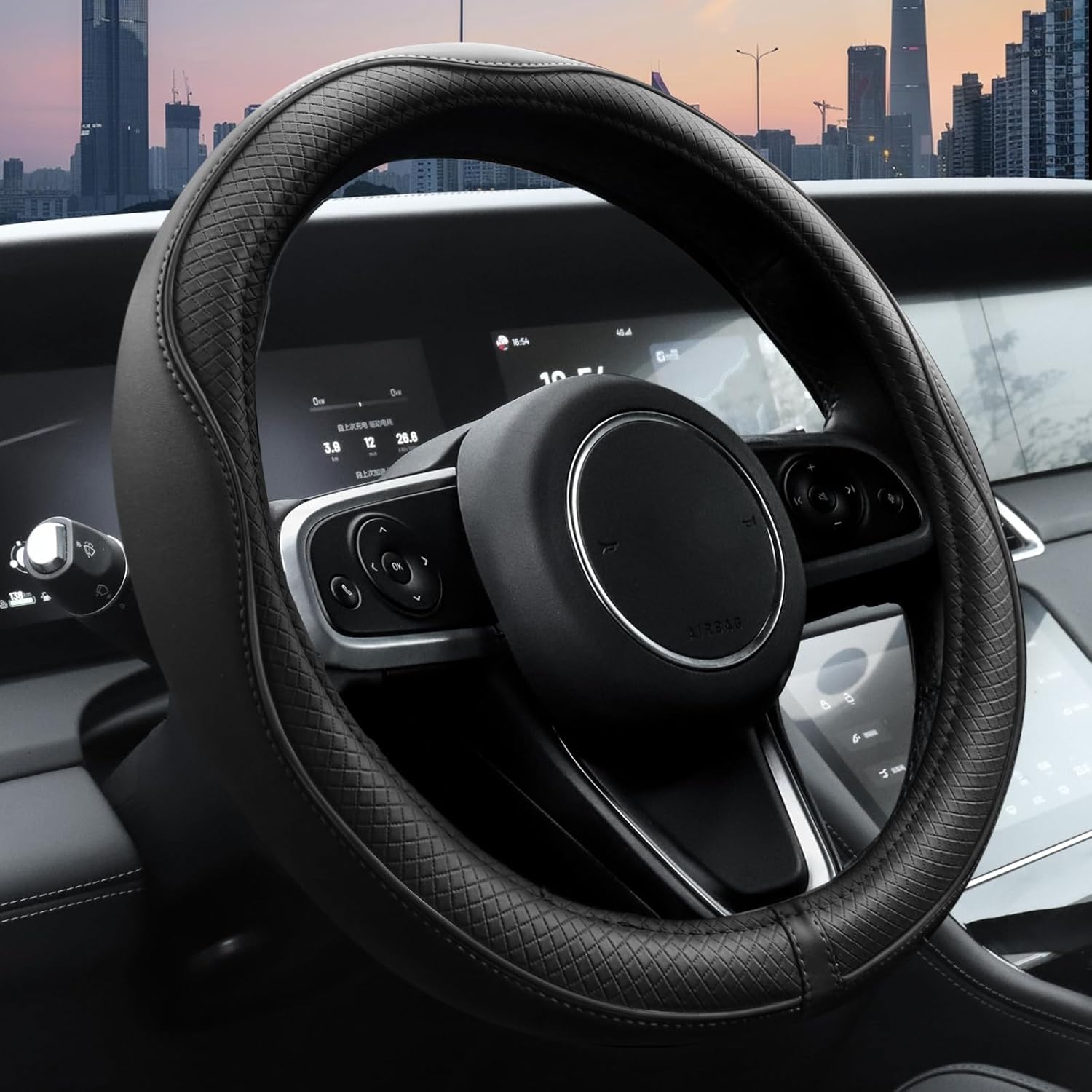 Car Steering Wheel Cover, Microfiber Leather Steering Wheel Cover with Non-Slip Lining, Universal 14.5-15 Inch (Approx. 36.8-38.1 cm) Black - Image 1