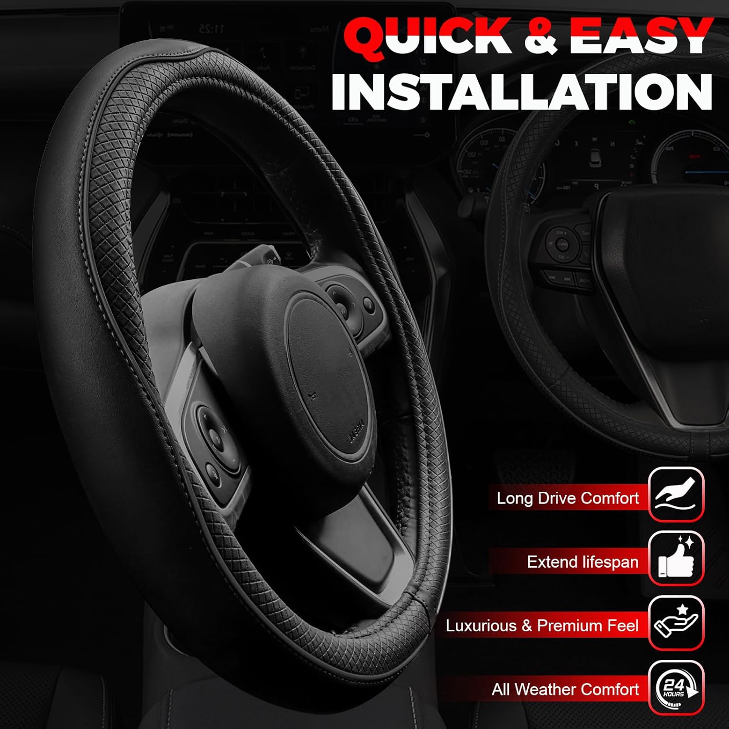 Car Steering Wheel Cover, Microfiber Leather Steering Wheel Cover with Non-Slip Lining, Universal 14.5-15 Inch (Approx. 36.8-38.1 cm) Black - Image 4
