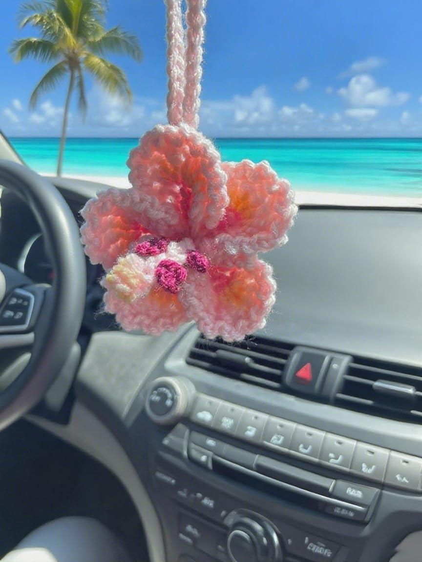 Hibiscus Car Ornaments, Crochet Hawaiian Tropical Flower Bag Charms Decoration Car Mirror Beach Accessories (Pink) - Image 1