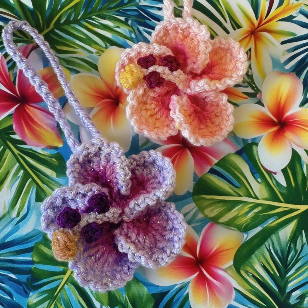 Hibiscus Car Ornaments, Crochet Hawaiian Tropical Flower Bag Charms Decoration Car Mirror Beach Accessories (Pink) - Image 2