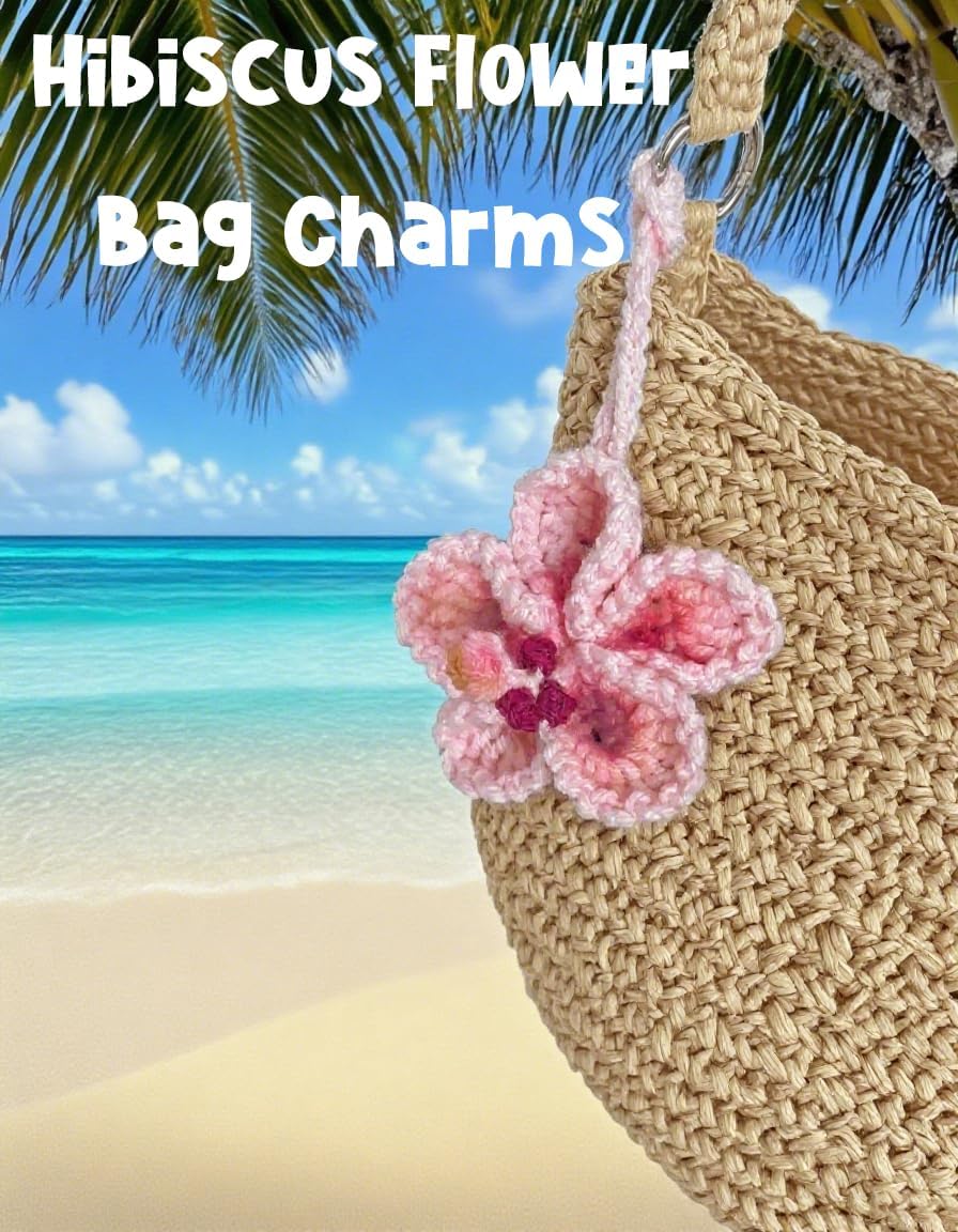 Hibiscus Car Ornaments, Crochet Hawaiian Tropical Flower Bag Charms Decoration Car Mirror Beach Accessories (Pink) - Image 3