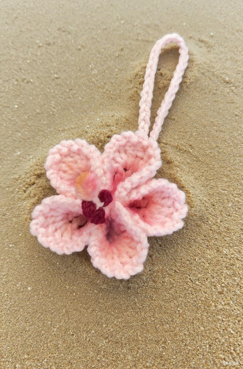 Hibiscus Car Ornaments, Crochet Hawaiian Tropical Flower Bag Charms Decoration Car Mirror Beach Accessories (Pink) - Image 4