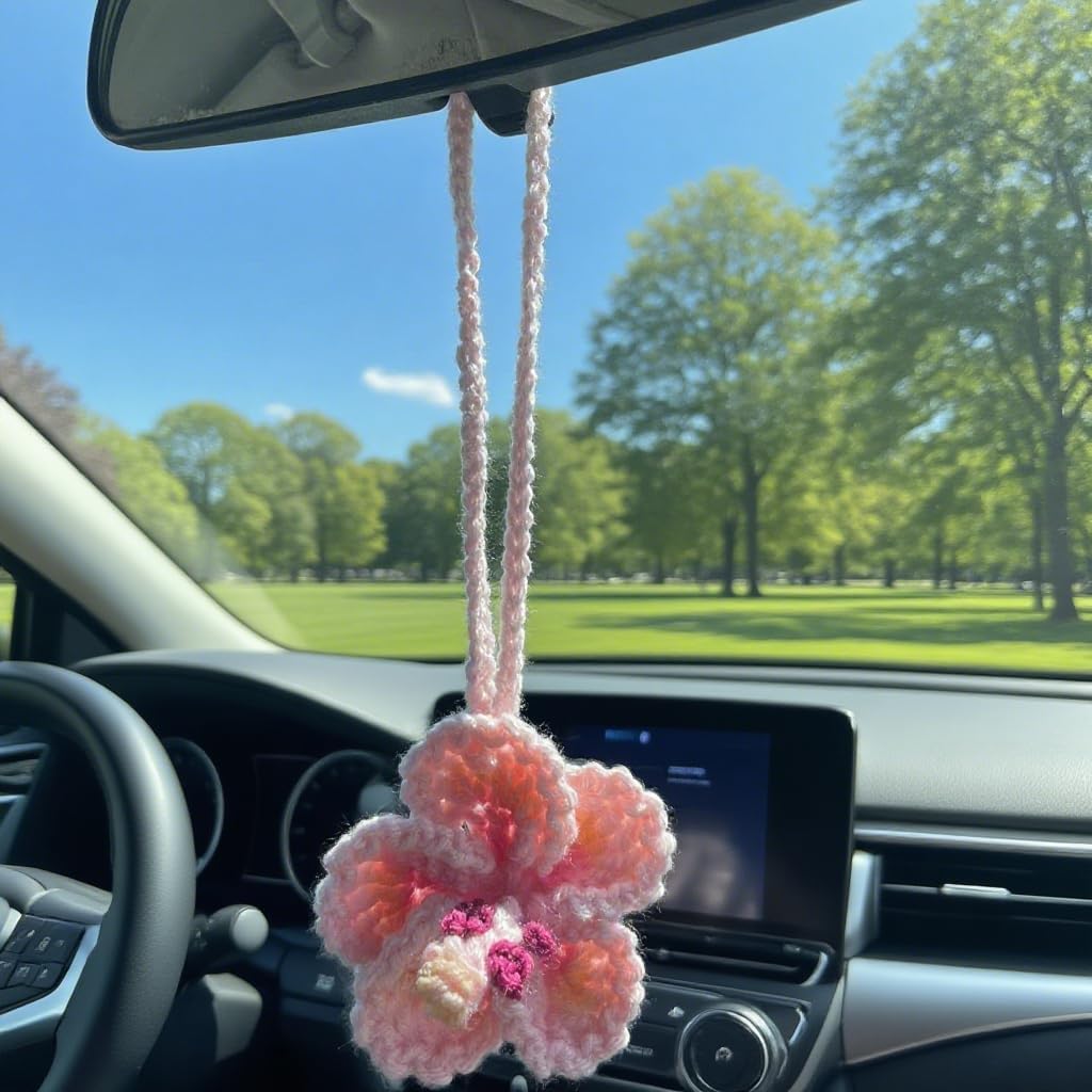 Hibiscus Car Ornaments, Crochet Hawaiian Tropical Flower Bag Charms Decoration Car Mirror Beach Accessories (Pink) - Image 5