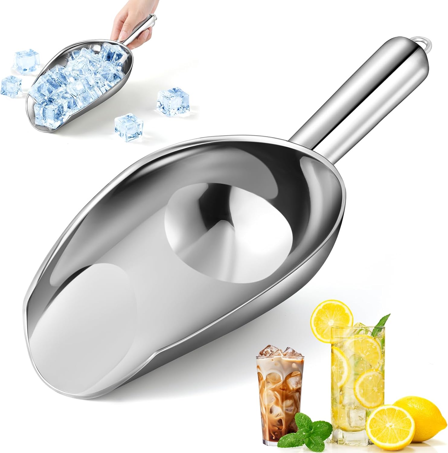12 oz (approx. 340.2 g) Stainless Steel Refrigerator Ice Scoop – Dishwasher safe metal scoop with long handle for ice makers, buckets, dog food, flour, and jars – perfect for bars, parties, and weddings - Image 1