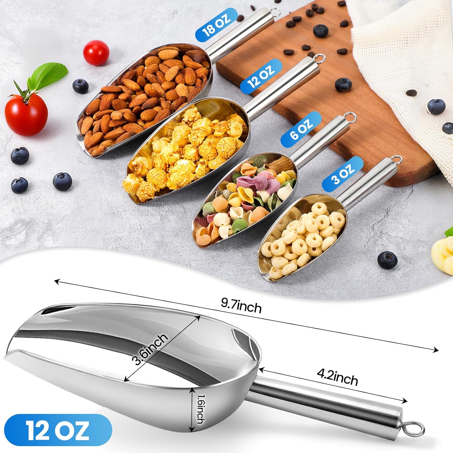12 oz (approx. 340.2 g) Stainless Steel Refrigerator Ice Scoop – Dishwasher safe metal scoop with long handle for ice makers, buckets, dog food, flour, and jars – perfect for bars, parties, and weddings - Image 2