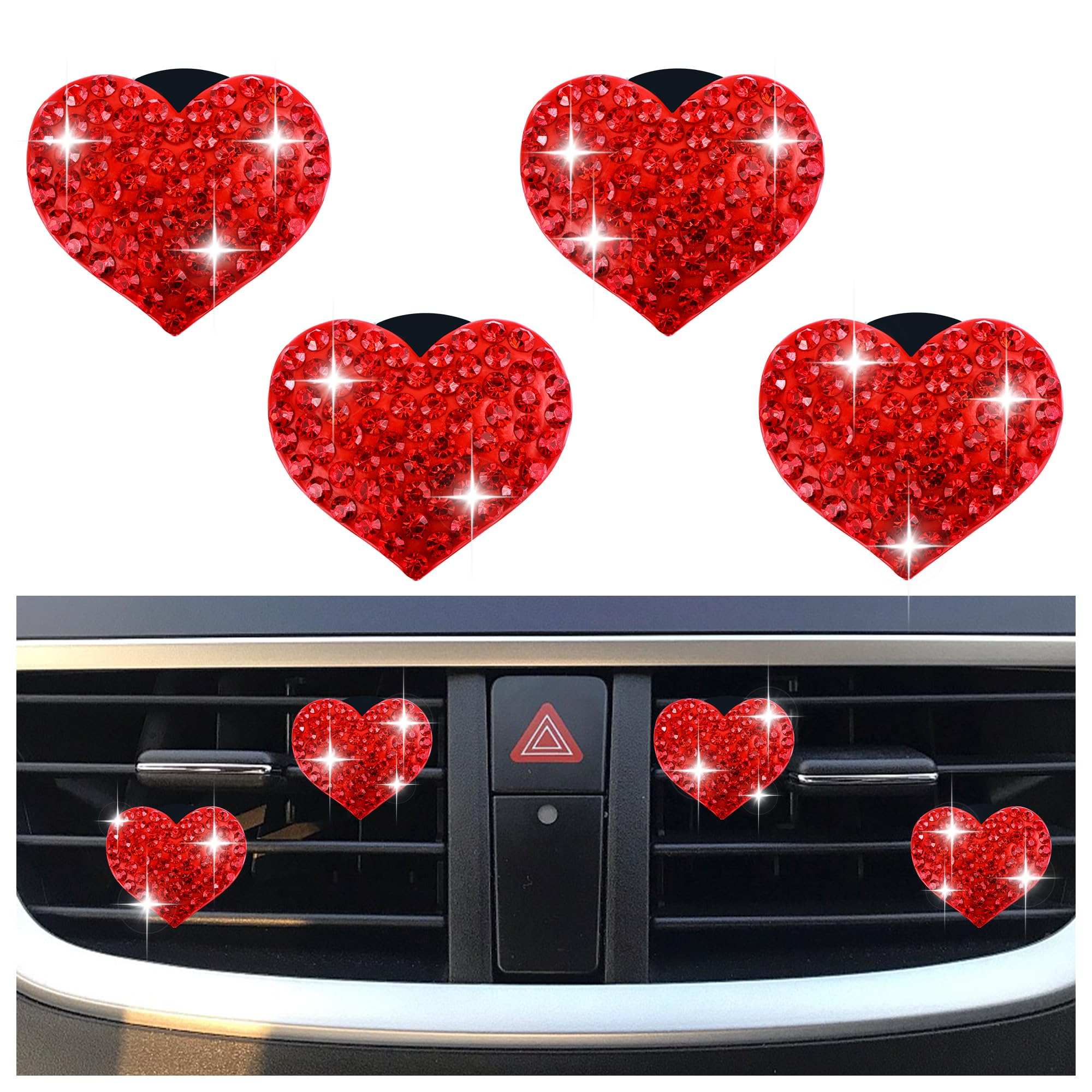 4PCS Heart-Shaped Car Vent Clips with Rhinestone,Bling Air Vent Clips Car Decorations,Premium Shiny Car Clips for Vents Accessories Interior (Red) - Image 1