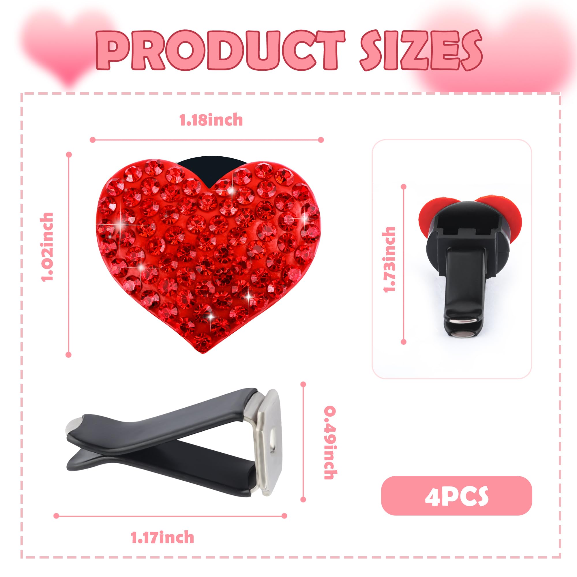 4PCS Heart-Shaped Car Vent Clips with Rhinestone,Bling Air Vent Clips Car Decorations,Premium Shiny Car Clips for Vents Accessories Interior (Red) - Image 2