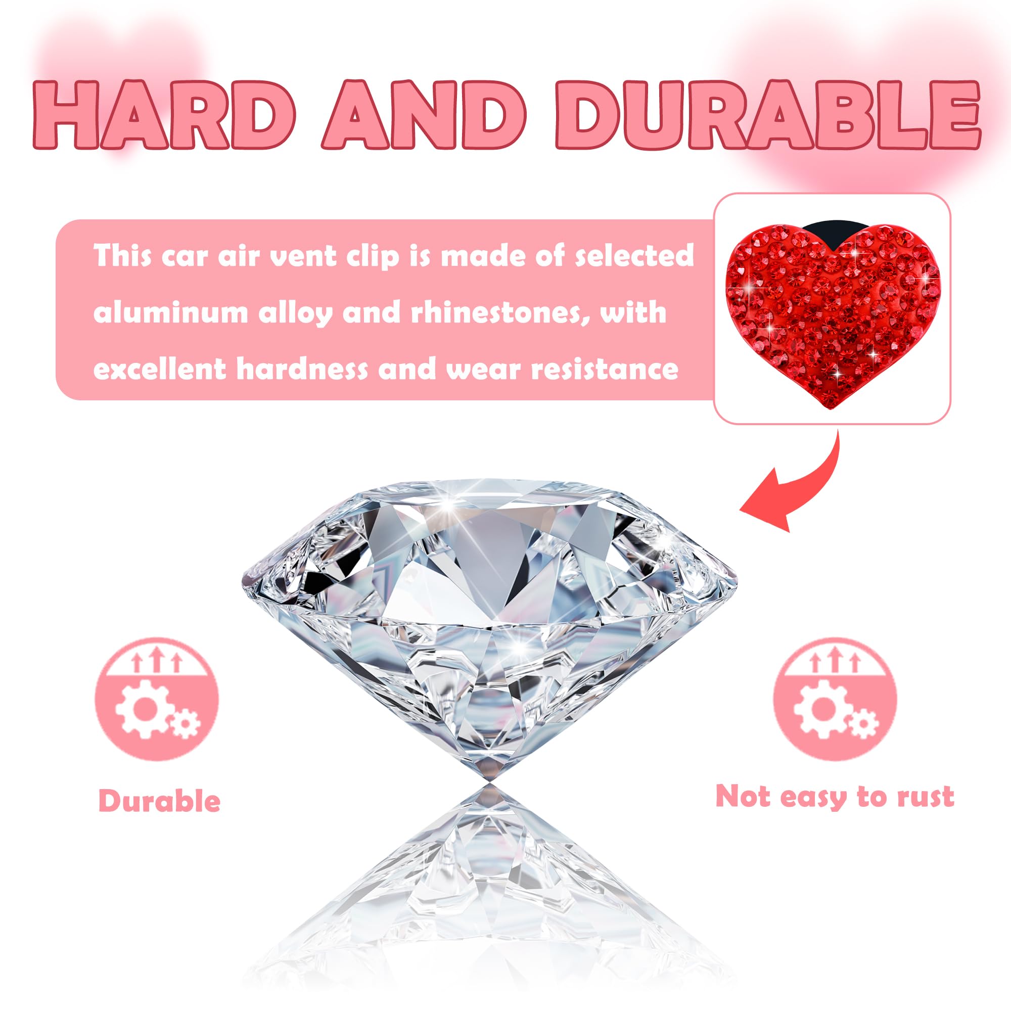4PCS Heart-Shaped Car Vent Clips with Rhinestone,Bling Air Vent Clips Car Decorations,Premium Shiny Car Clips for Vents Accessories Interior (Red) - Image 3