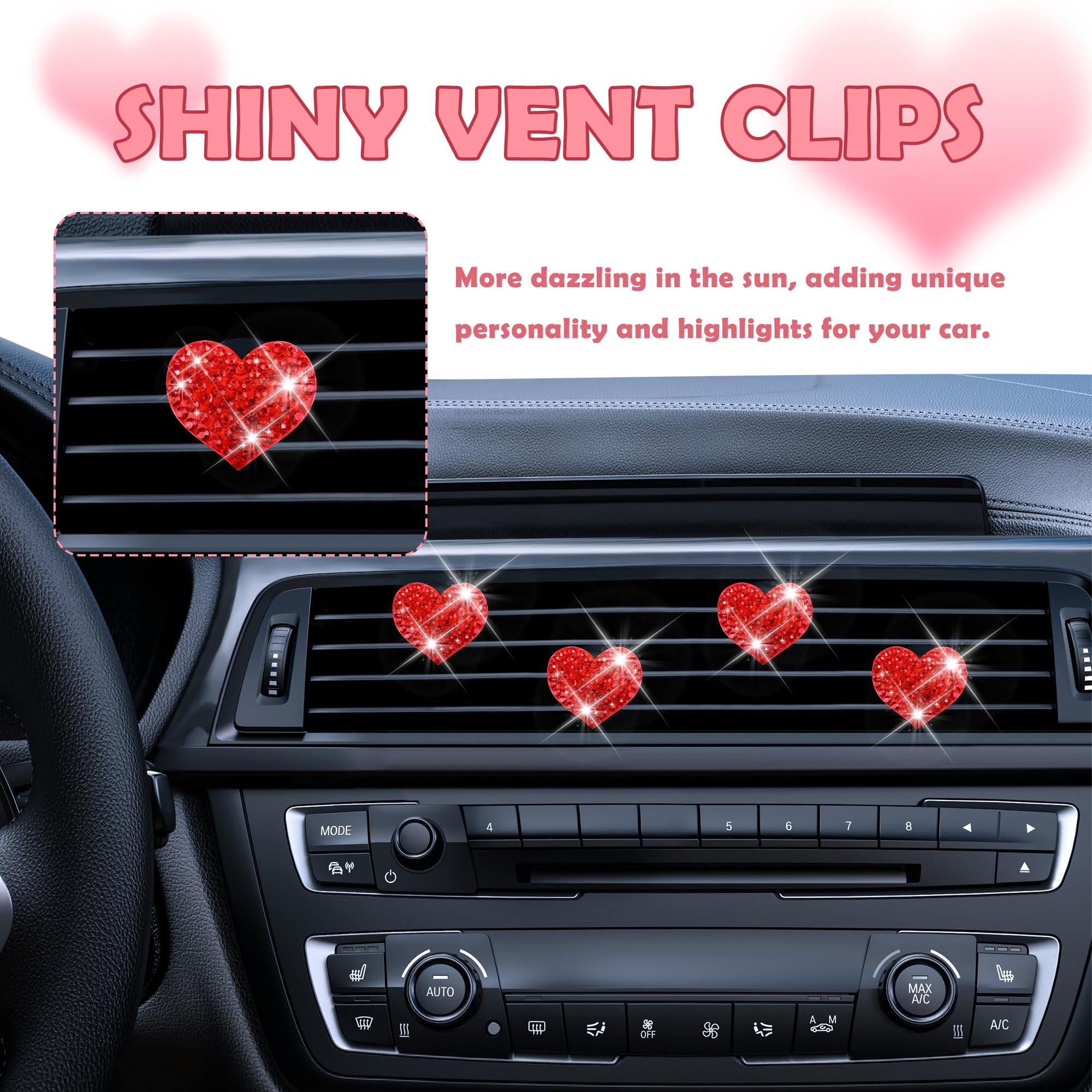 4PCS Heart-Shaped Car Vent Clips with Rhinestone,Bling Air Vent Clips Car Decorations,Premium Shiny Car Clips for Vents Accessories Interior (Red) - Image 4